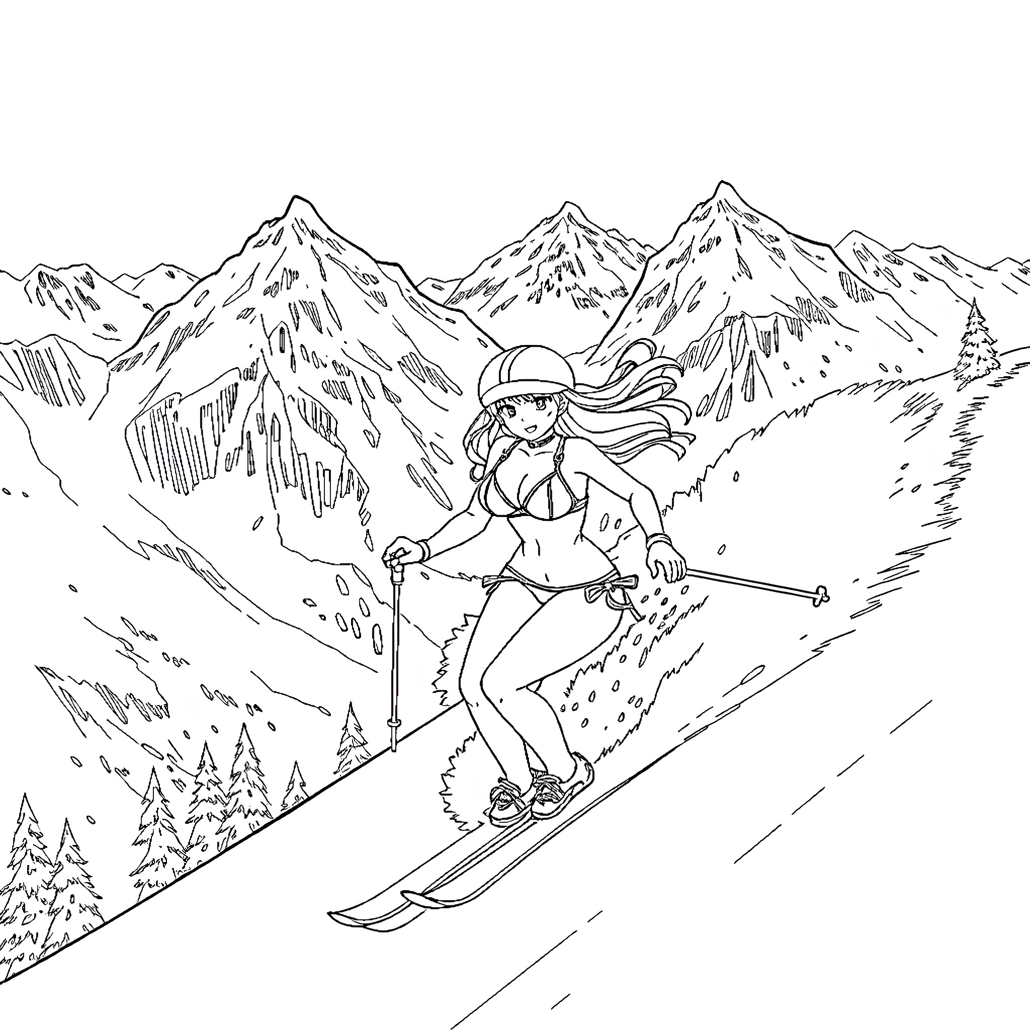 Wiz Skiing Down the Snowy Mountain Coloring Page (free black-and-white line drawing printable PDF for all, from beginners to advanced learners, including children, teens, adults, and seniors)
