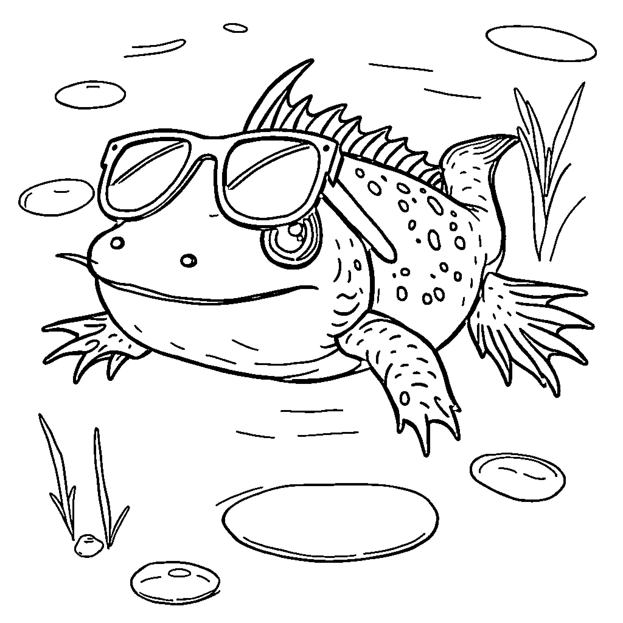 Axolotl wearing sunglasses and swimming in the water Coloring Page (free black-and-white line drawing printable PDF for all, from beginners to advanced learners, including children, teens, adults, and seniors)