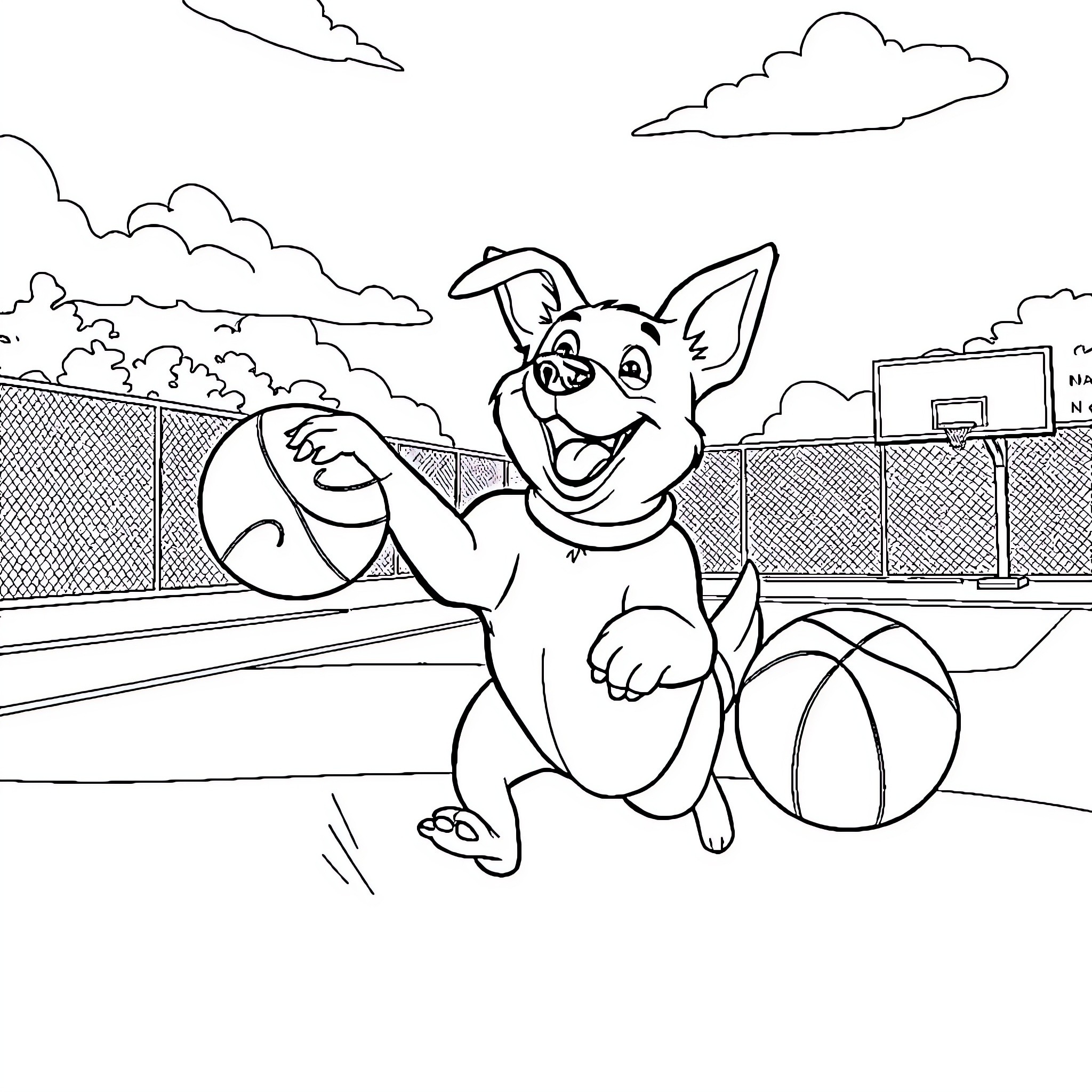 Dog happily playing with basketball in park Coloring Page (free black-and-white line drawing printable PDF for all, from beginners to advanced learners, including children, teens, adults, and seniors)