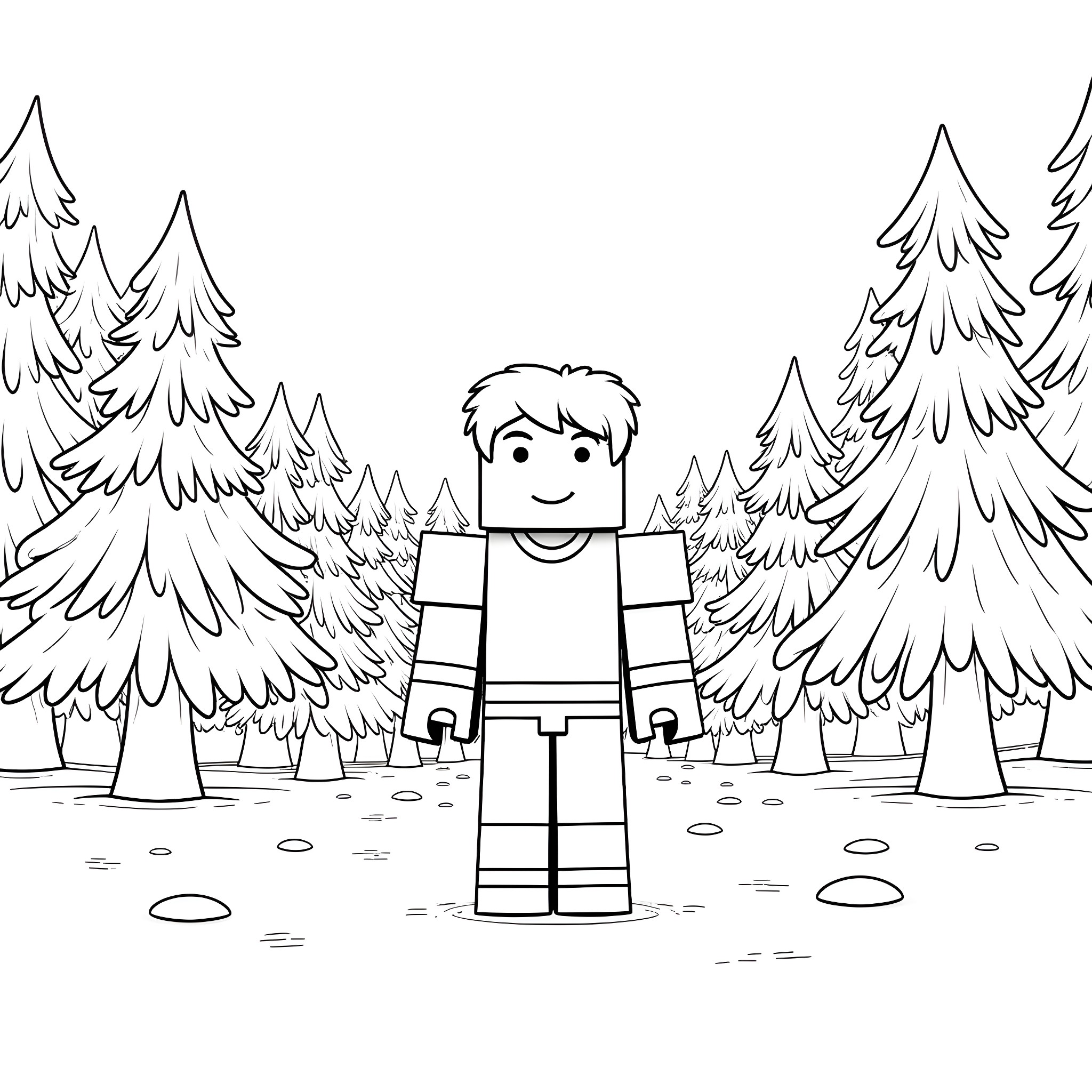 Steve explores the snowy forest Coloring Page (free black-and-white line drawing printable PDF for all, from beginners to advanced learners, including children, teens, adults, and seniors)