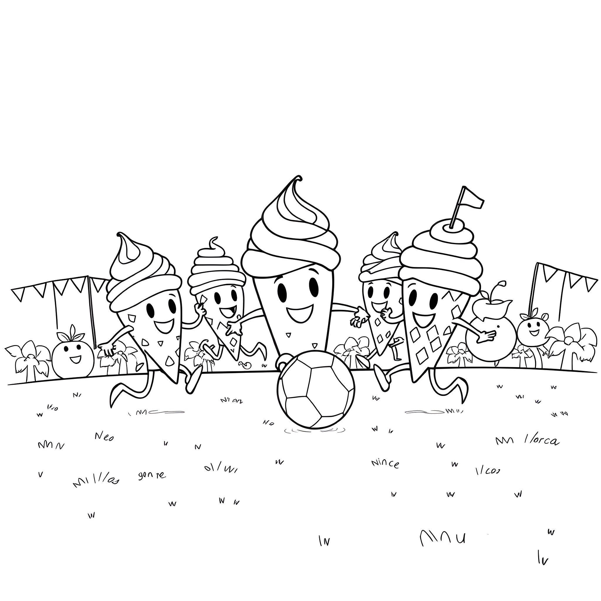 Ice Cream Characters Celebrating with Flags and Balloons Coloring Page (free black-and-white line drawing printable PDF for all, from beginners to advanced learners, including children, teens, adults, and seniors)