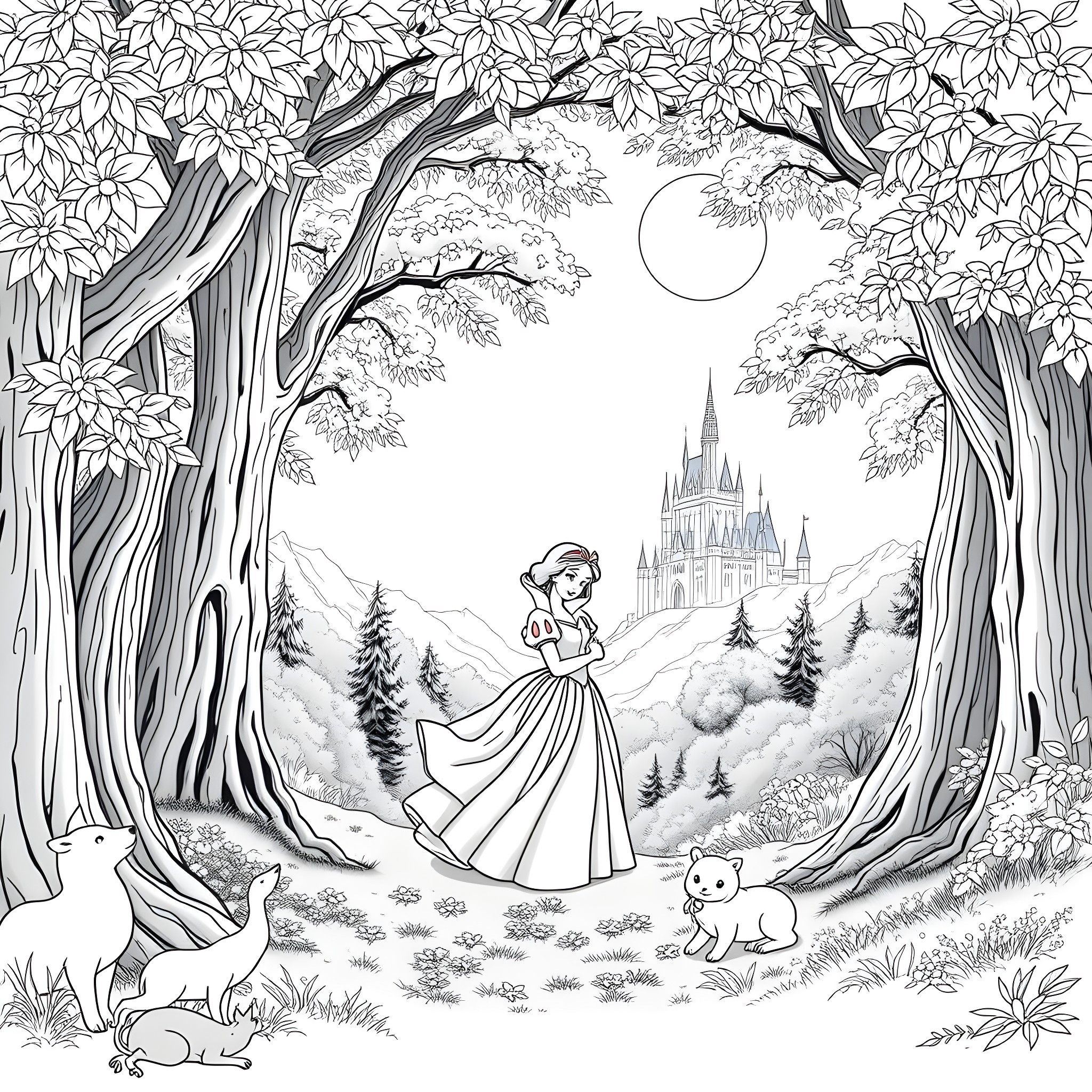 Snow White walking in the enchanted forest Coloring Page (free black-and-white line drawing printable PDF for all, from beginners to advanced learners, including children, teens, adults, and seniors)