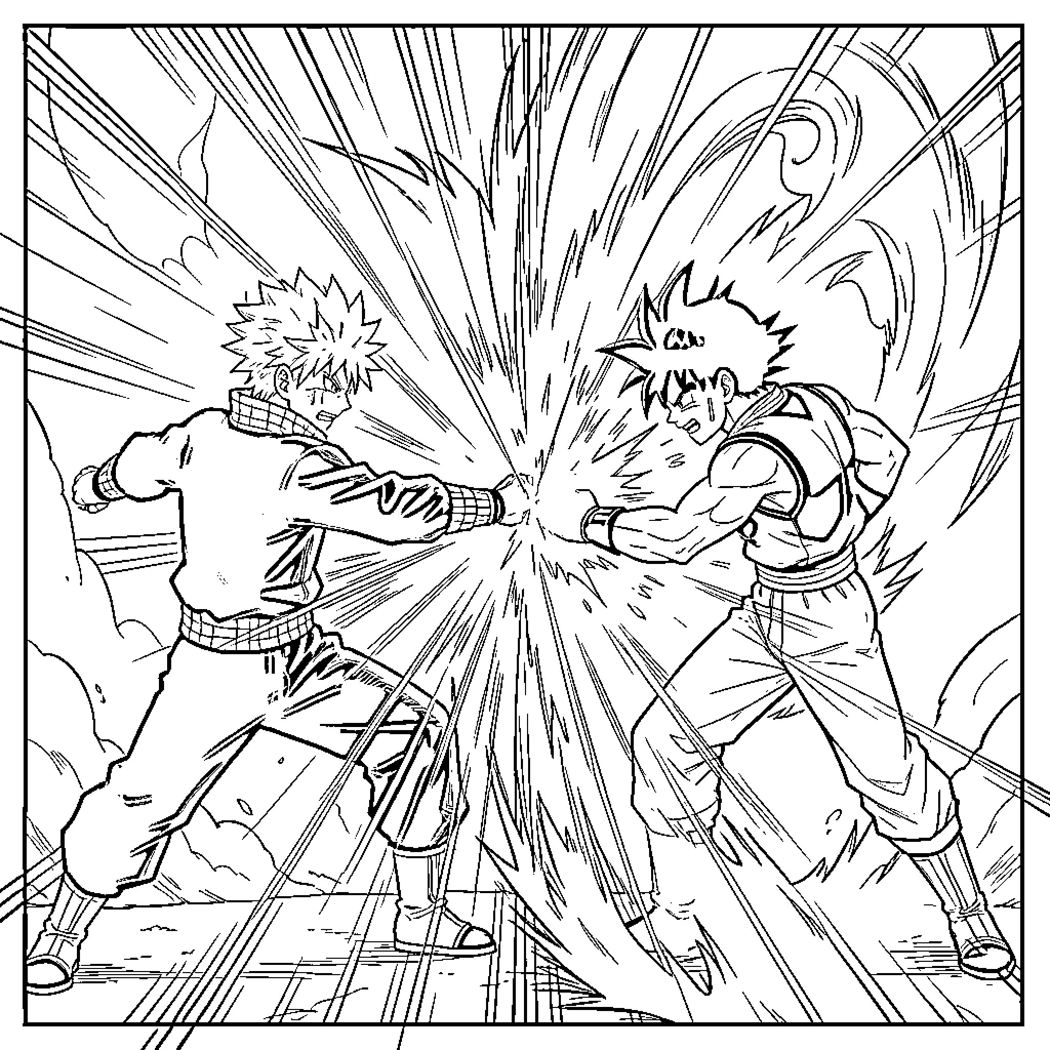Gojo's intense battle with a powerful opponent Coloring Page (free black-and-white line drawing printable PDF for all, from beginners to advanced learners, including children, teens, adults, and seniors)