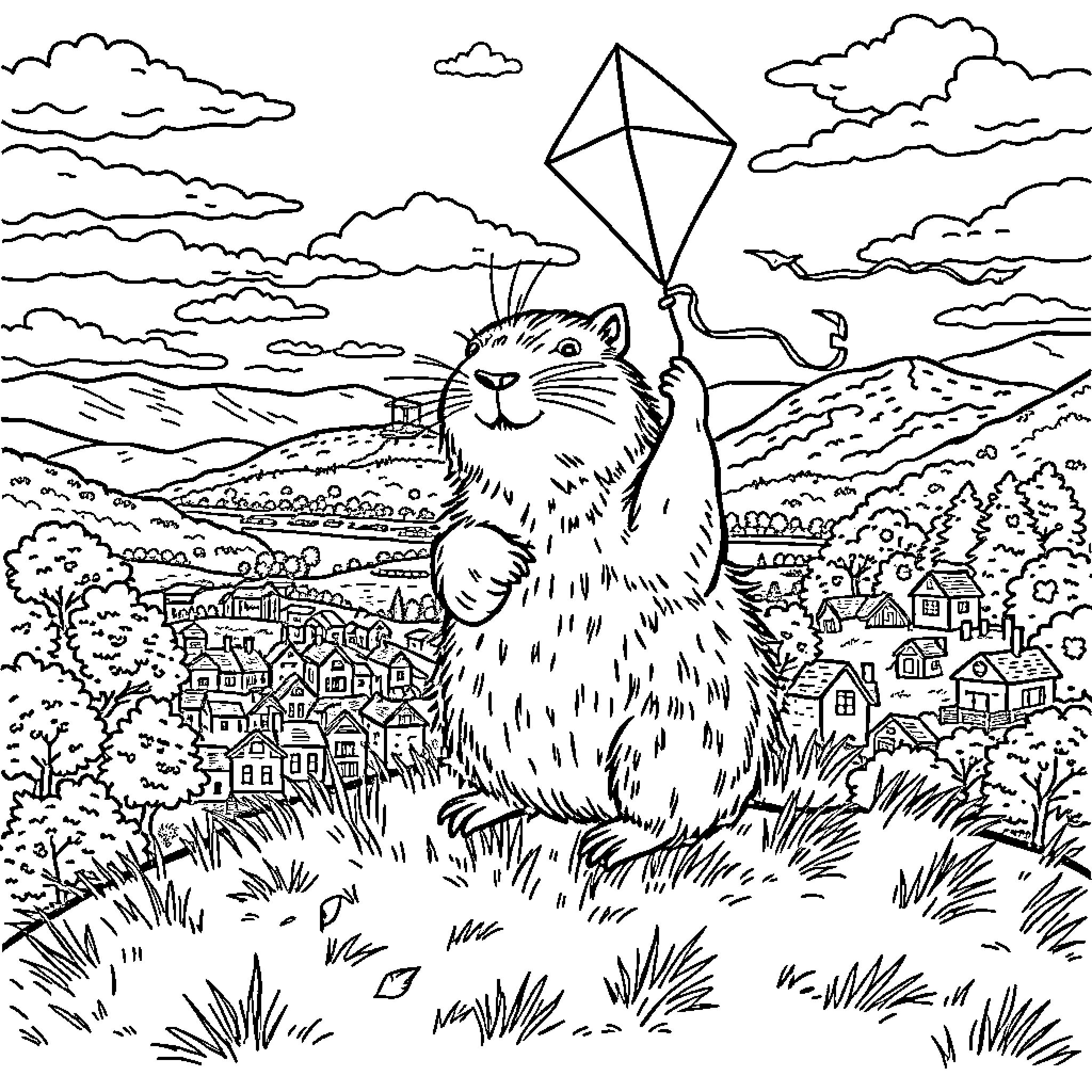 Capybara flying a kite in the countryside Coloring Page (free black-and-white line drawing printable PDF for all, from beginners to advanced learners, including children, teens, adults, and seniors)