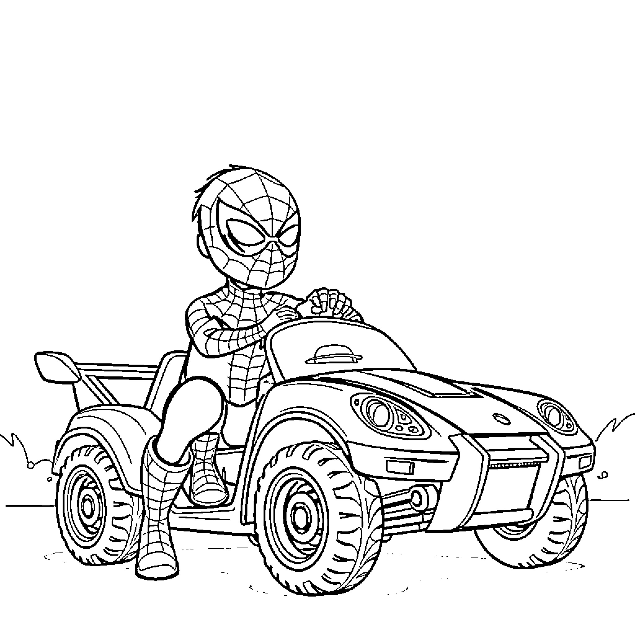 Spiderman riding a powerful all-terrain vehicle Coloring Page (free black-and-white line drawing printable PDF for all, from beginners to advanced learners, including children, teens, adults, and seniors)