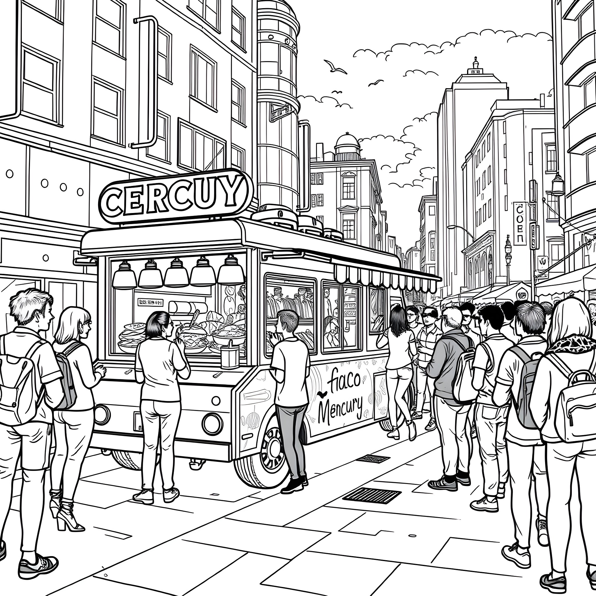 Taco Truck serving hungry customers in the city Coloring Page (free black-and-white line drawing printable PDF for all, from beginners to advanced learners, including children, teens, adults, and seniors)