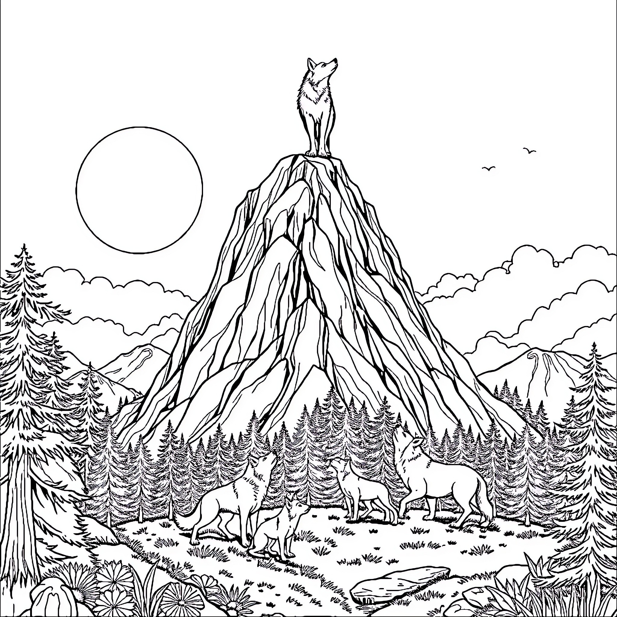 Wolf standing atop a majestic mountain landscape Coloring Page (free black-and-white line drawing printable PDF for all, from beginners to advanced learners, including children, teens, adults, and seniors)