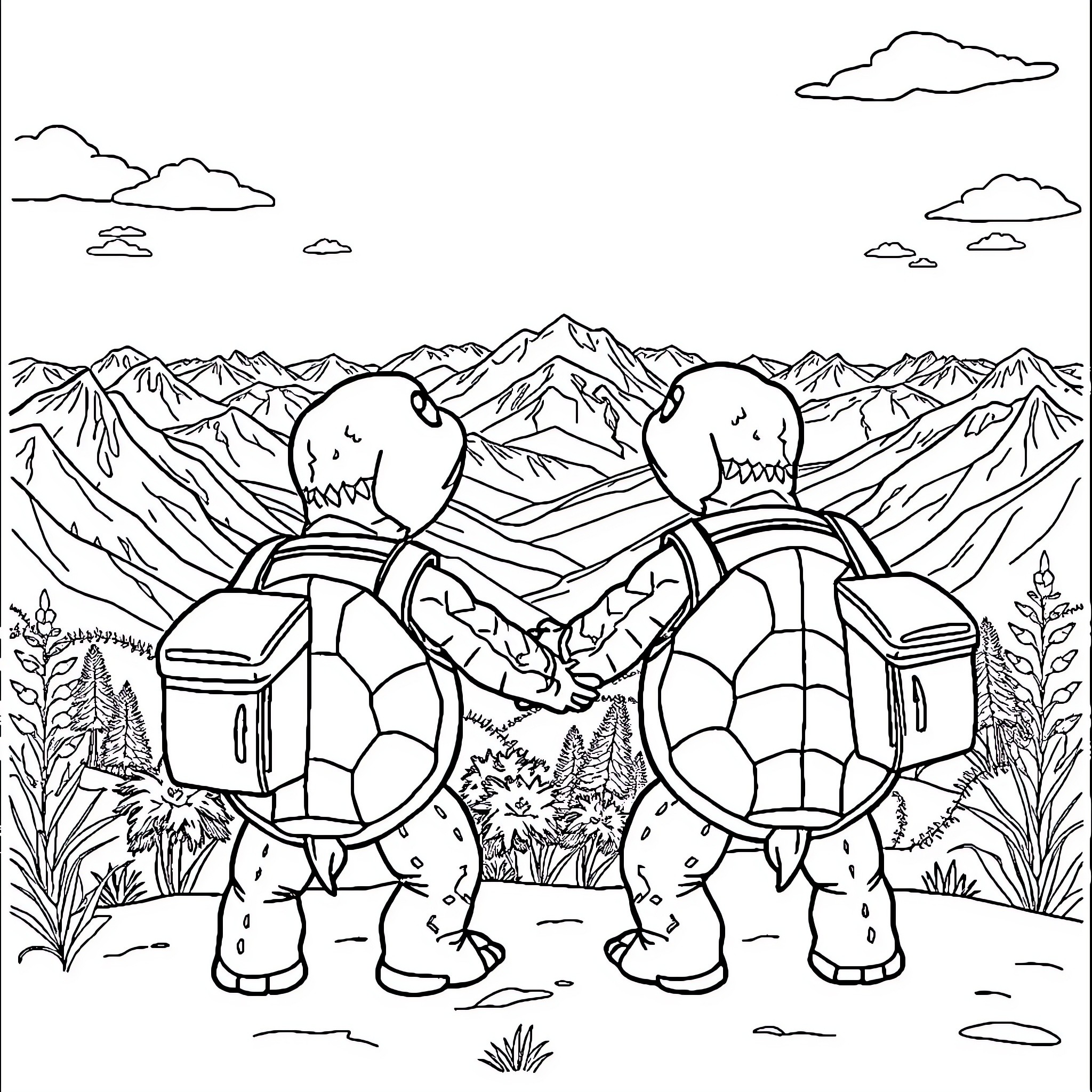 Turtle Hikers Exploring the Mountainous Terrain Coloring Page (free black-and-white line drawing printable PDF for all, from beginners to advanced learners, including children, teens, adults, and seniors)