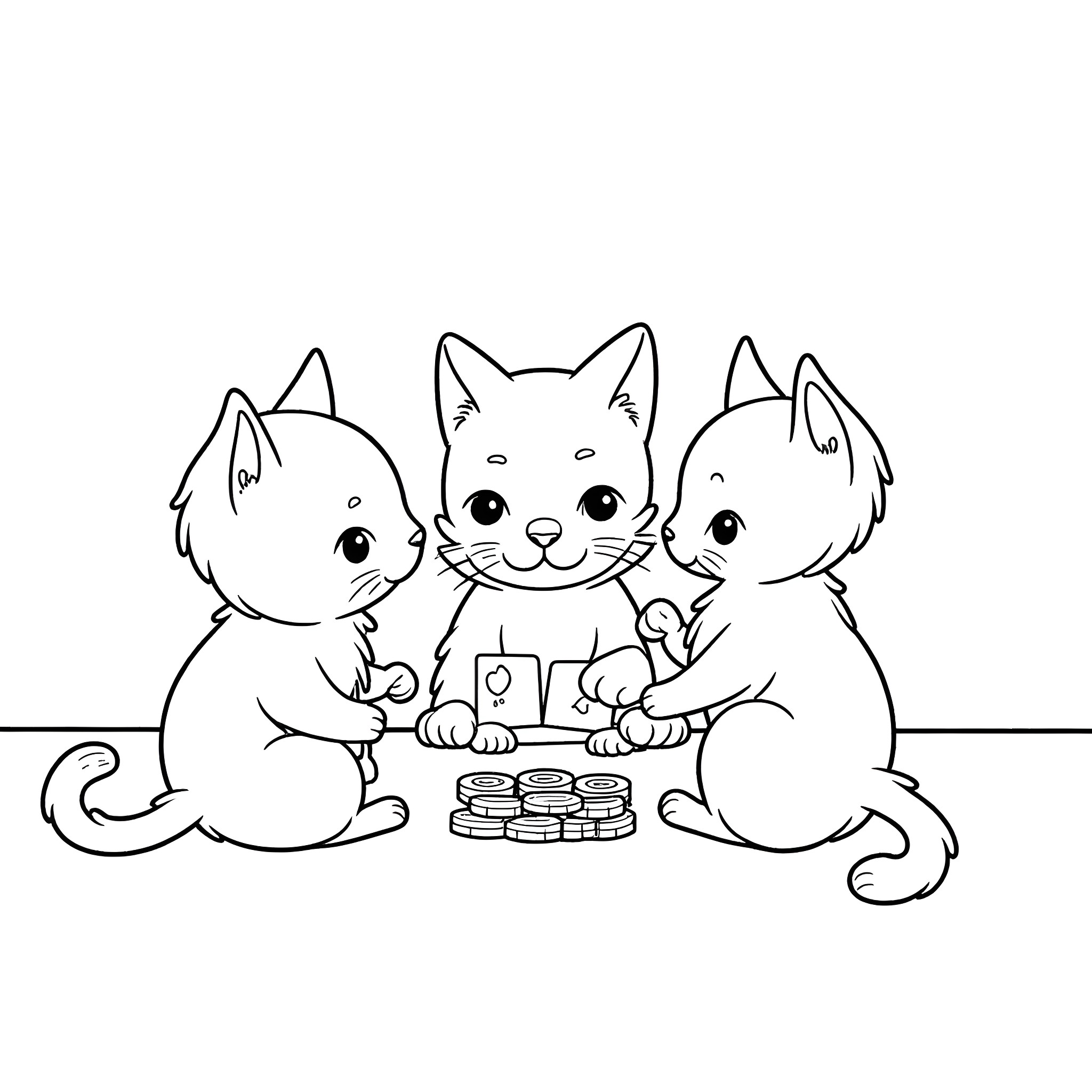 Kittens playing with toys together Coloring Page (free black-and-white line drawing printable PDF for all, from beginners to advanced learners, including children, teens, adults, and seniors)