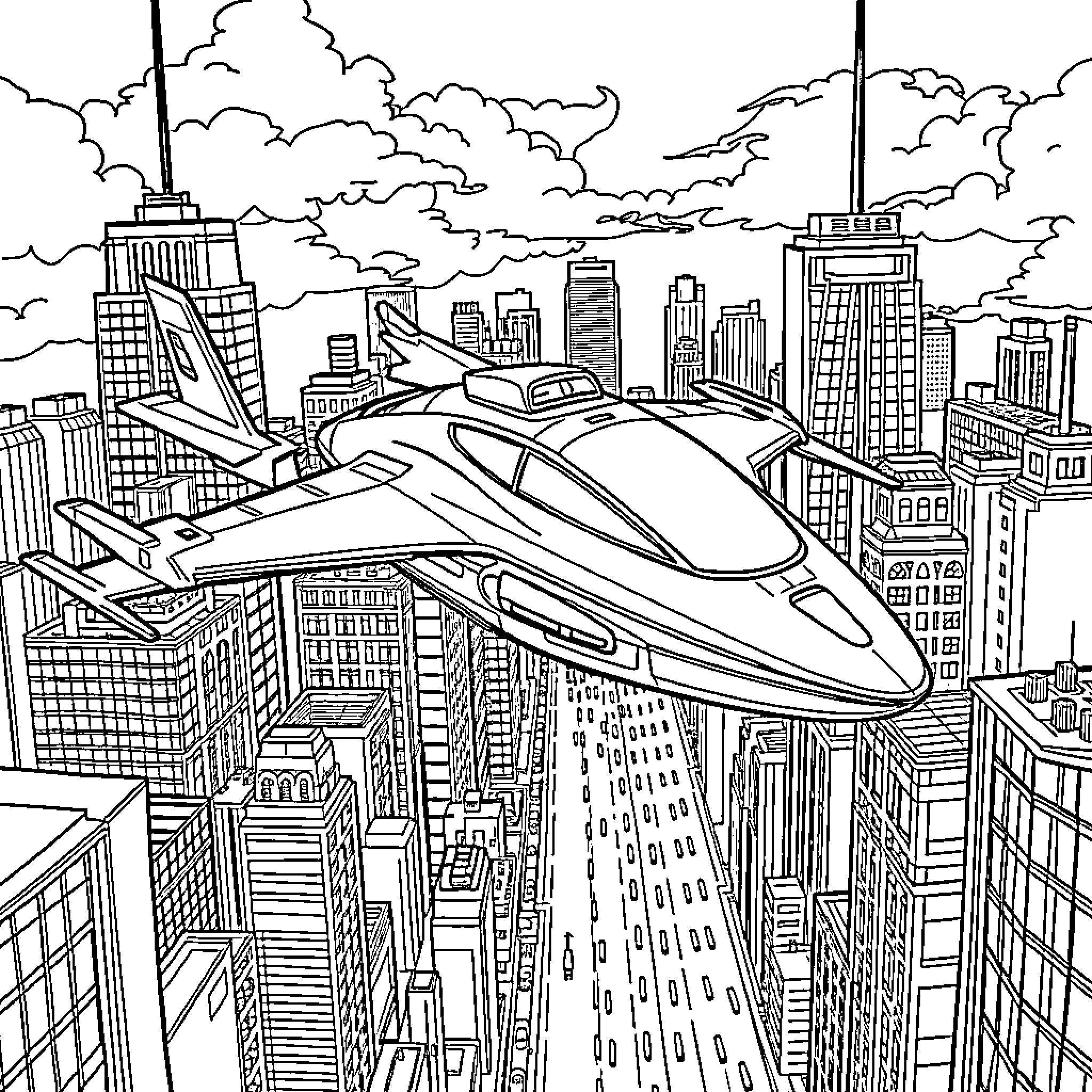 Air Taxi flying above the futuristic city skyline Coloring Page (free black-and-white line drawing printable PDF for all, from beginners to advanced learners, including children, teens, adults, and seniors)
