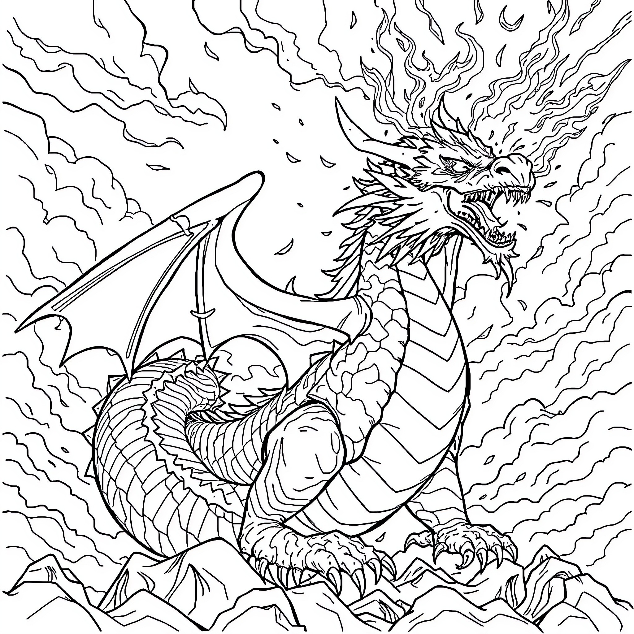 Dragon Unleashing Fiery Breath in Stormy Skies Coloring Page (free black-and-white line drawing printable PDF for all, from beginners to advanced learners, including children, teens, adults, and seniors)