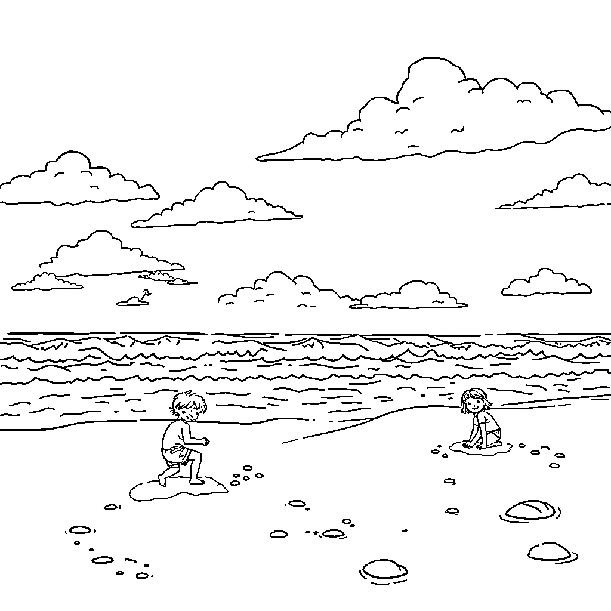 Beach scene with children playing in the sand Coloring Page (free black-and-white line drawing printable PDF for all, from beginners to advanced learners, including children, teens, adults, and seniors)