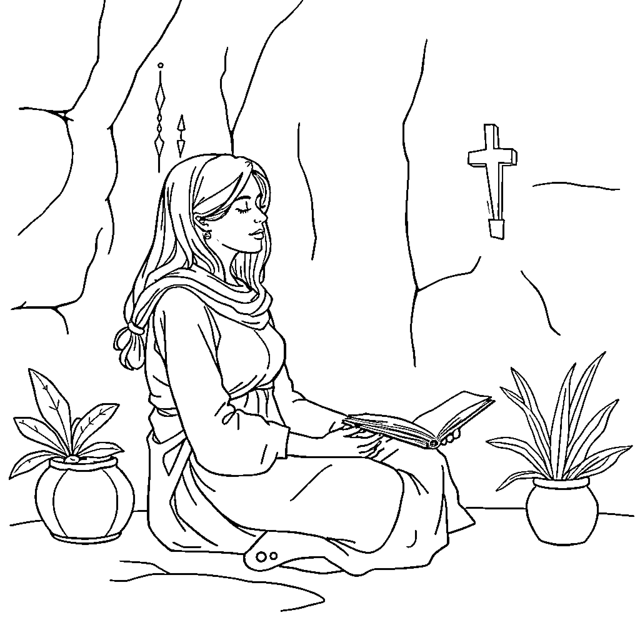 Woman praying in a spiritual setting Coloring Page (free black-and-white line drawing printable PDF for all, from beginners to advanced learners, including children, teens, adults, and seniors)