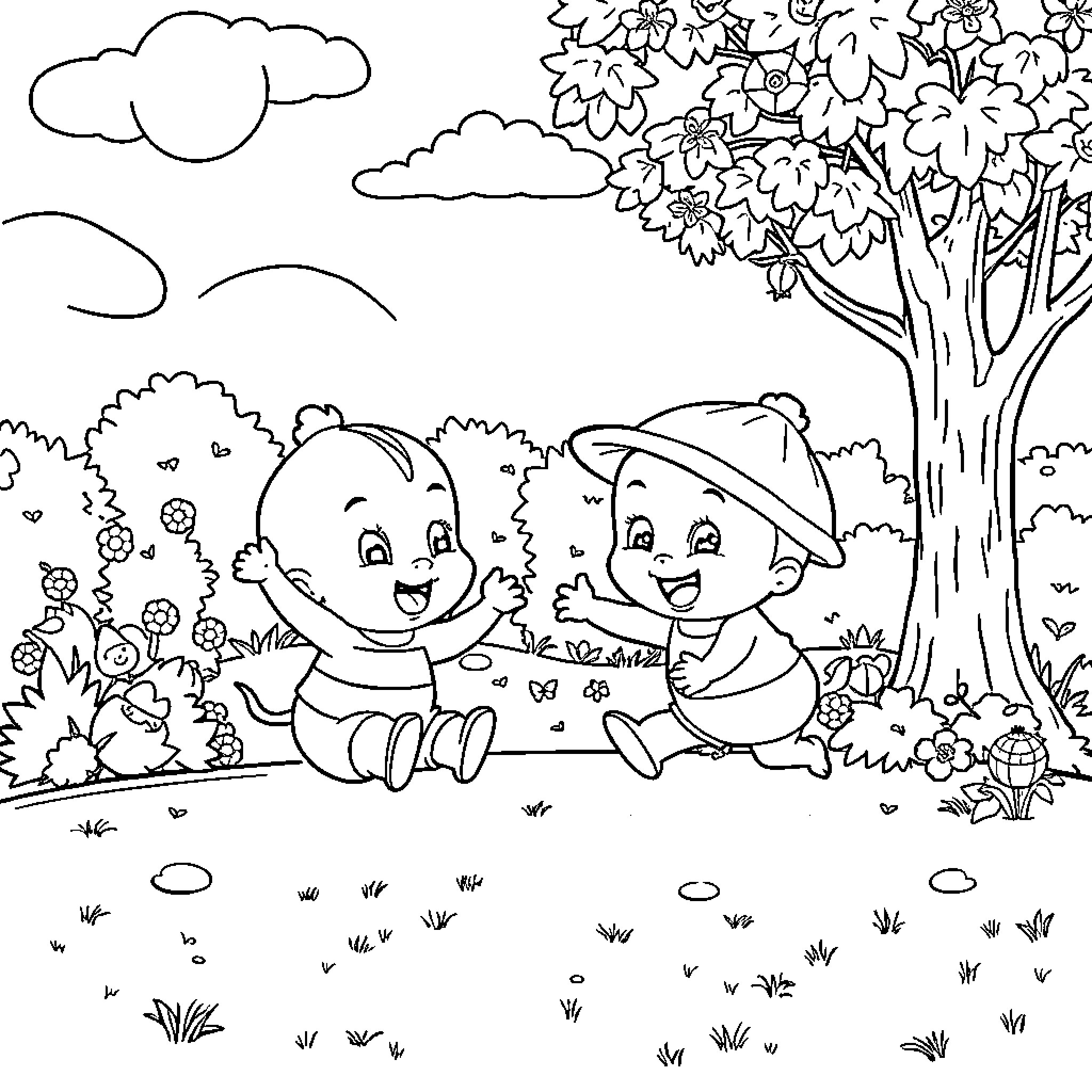 Bubu y Dudu playing happily in the forest Coloring Page (free black-and-white line drawing printable PDF for all, from beginners to advanced learners, including children, teens, adults, and seniors)