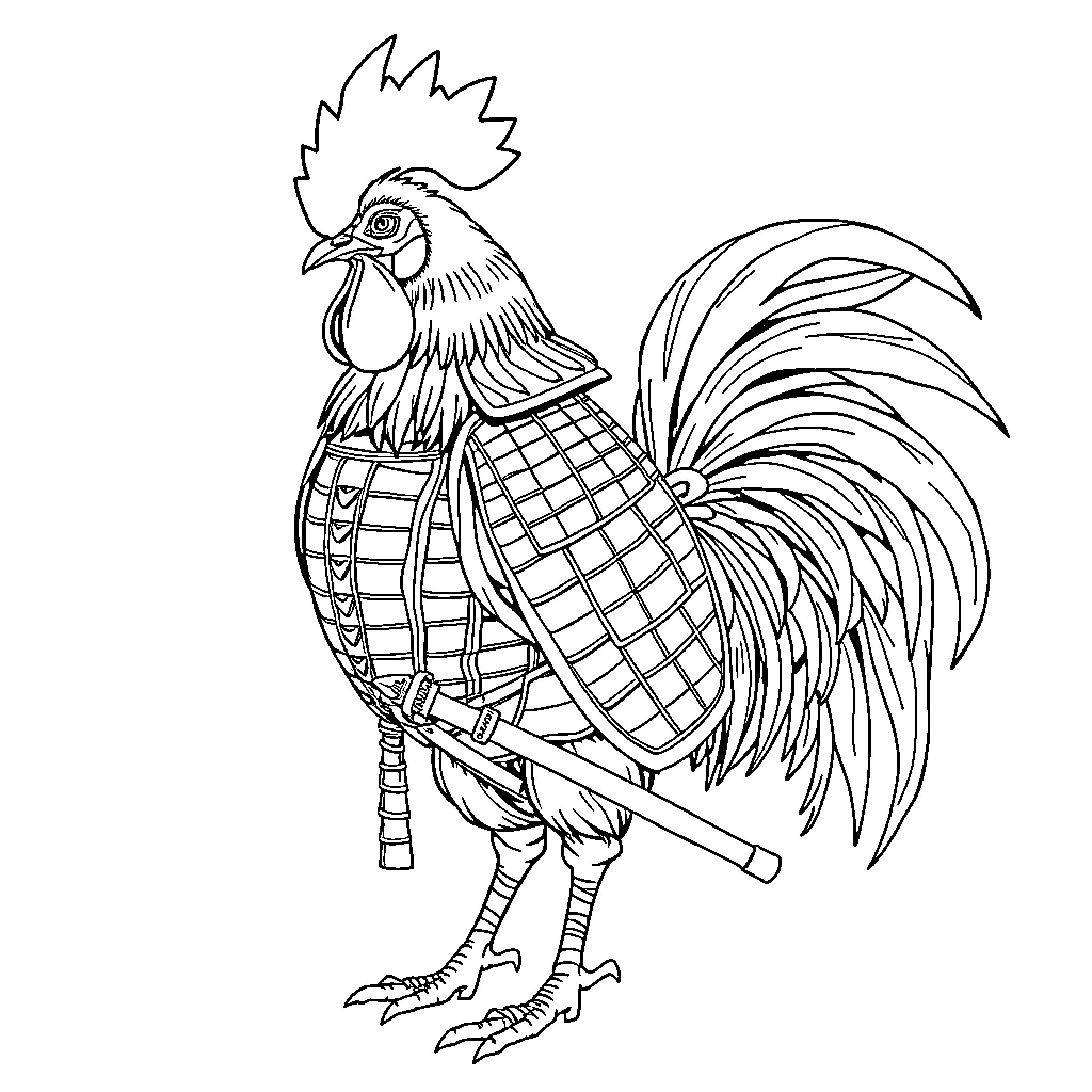 Rooster in Checkered Outfit Holding Baton Coloring Page (free black-and-white line drawing printable PDF for all, from beginners to advanced learners, including children, teens, adults, and seniors)