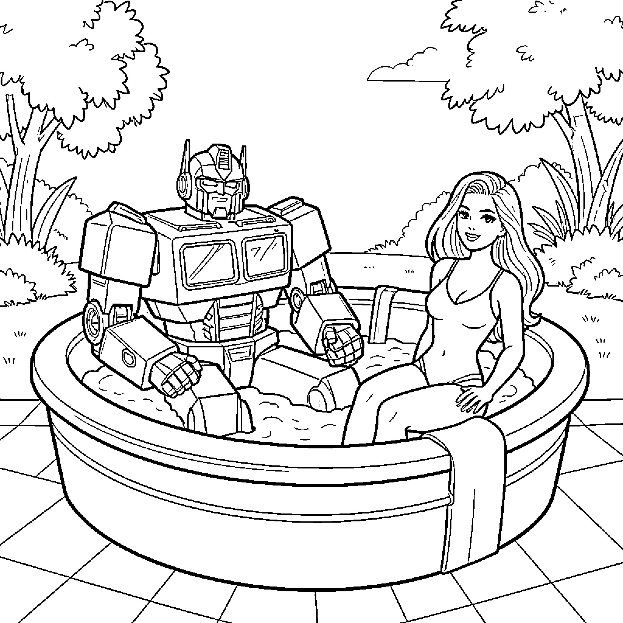 Optimus Prime relaxing in a small pool with a woman Coloring Page (free black-and-white line drawing printable PDF for all, from beginners to advanced learners, including children, teens, adults, and seniors)