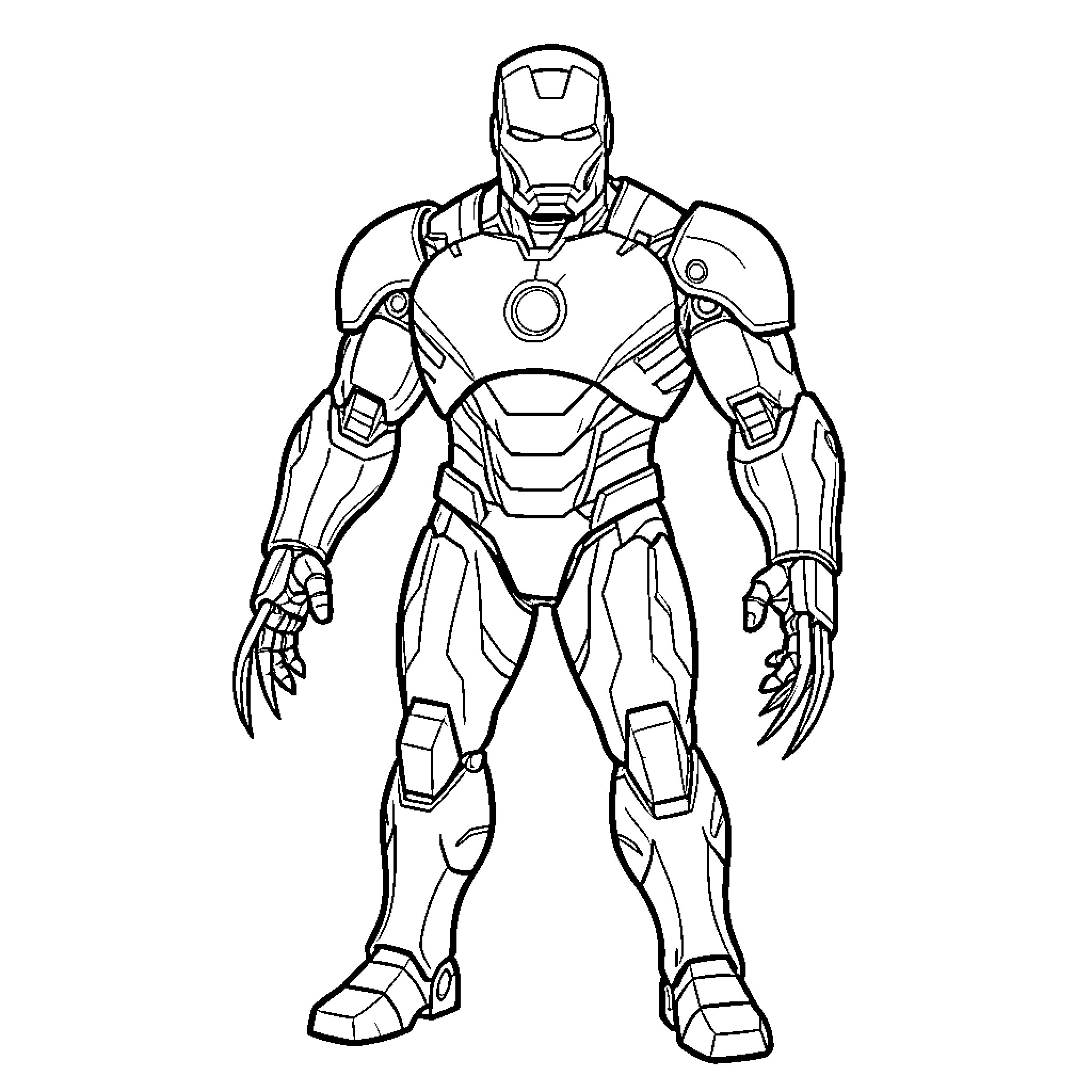 Iron Man standing in a powerful combat pose Coloring Page (free black-and-white line drawing printable PDF for all, from beginners to advanced learners, including children, teens, adults, and seniors)