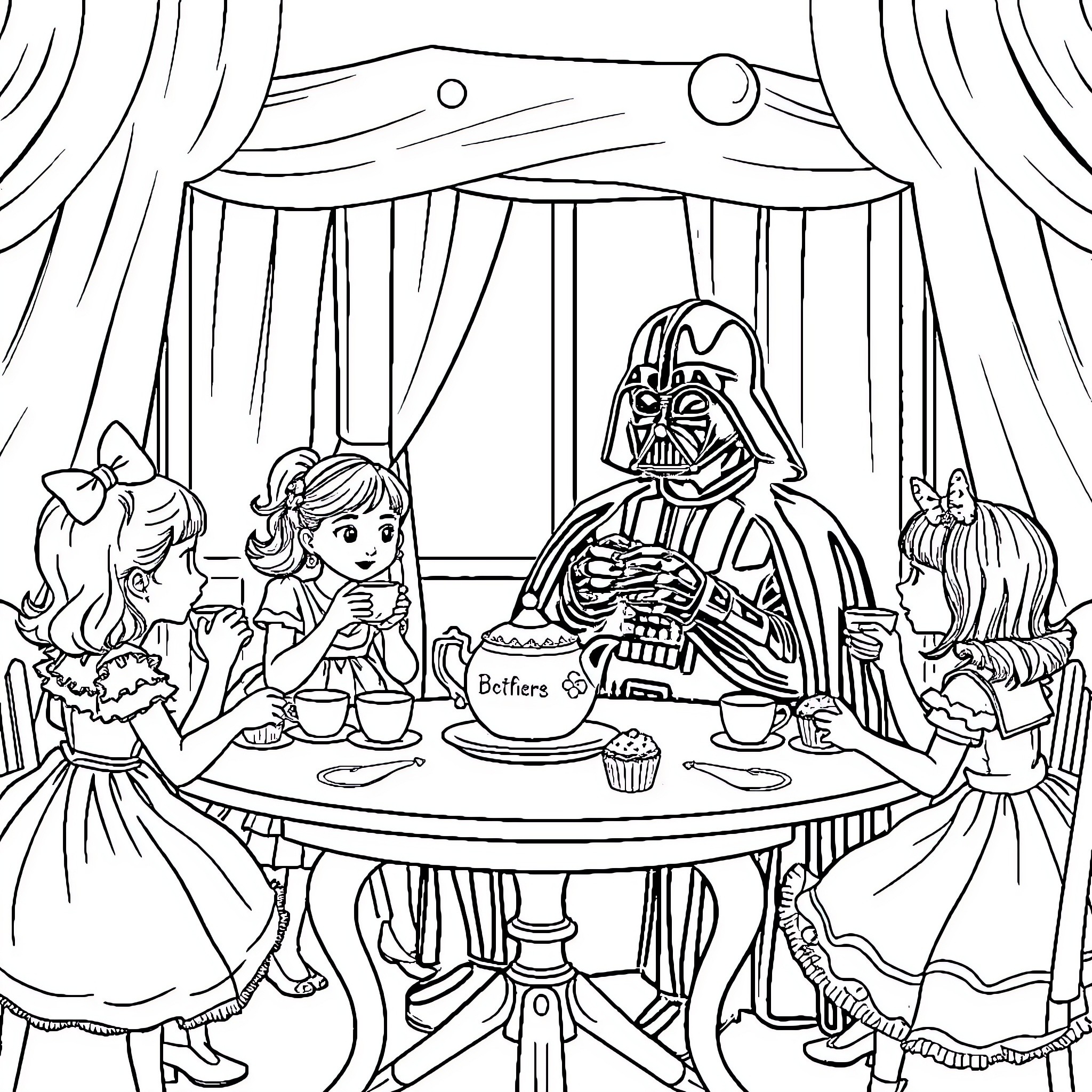 Darth Vader dining with young girls in a theatrical setting Coloring Page (free black-and-white line drawing printable PDF for all, from beginners to advanced learners, including children, teens, adults, and seniors)