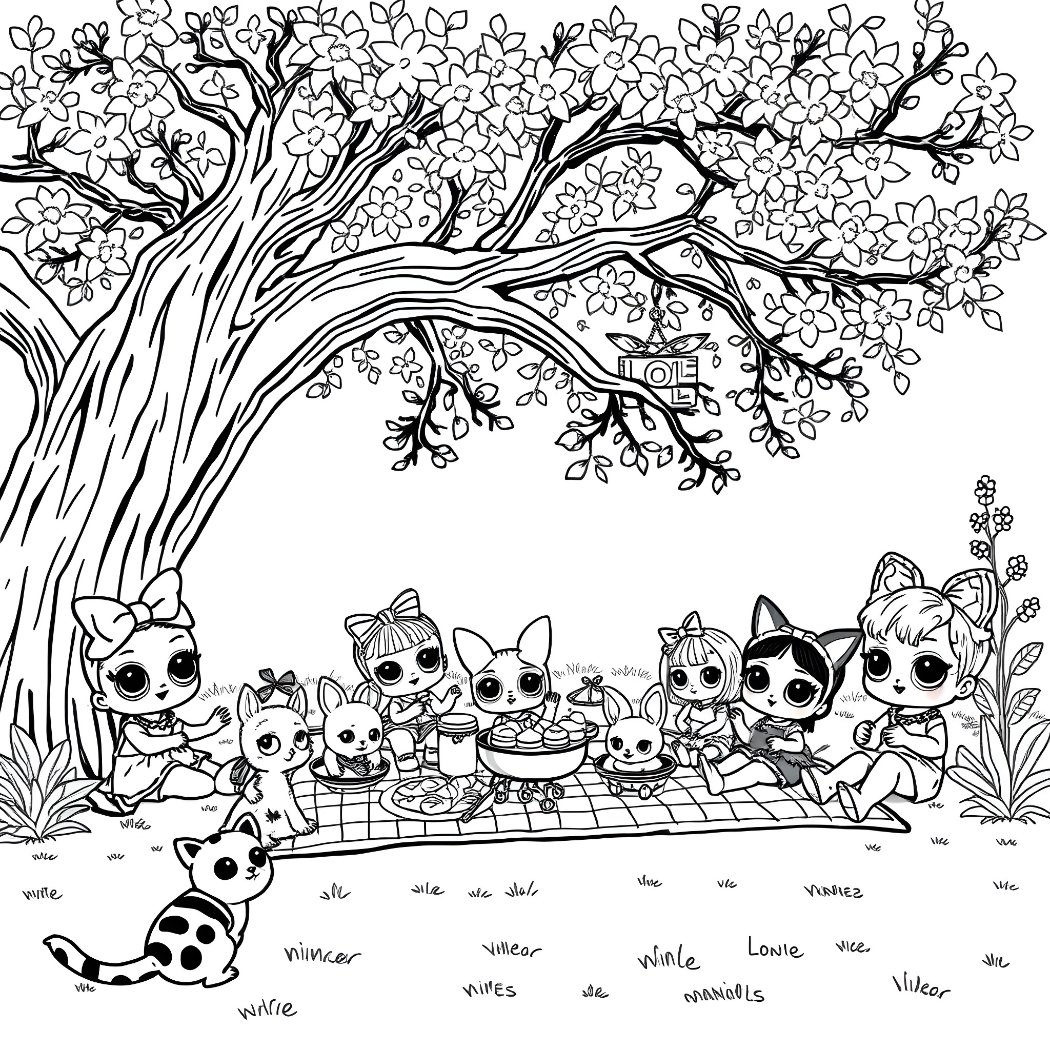 Calico Critters Enjoying a Picnic Under a Blossoming Tree Coloring Page (free black-and-white line drawing printable PDF for all, from beginners to advanced learners, including children, teens, adults, and seniors)