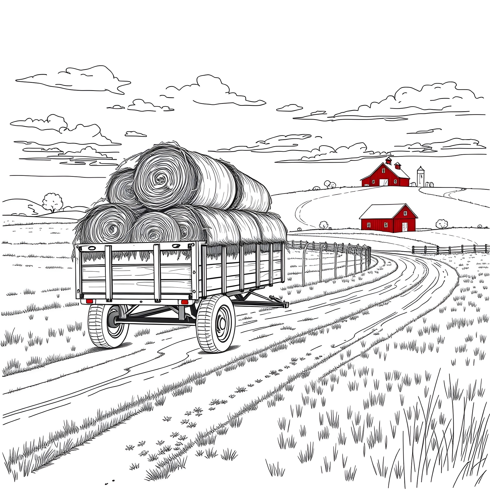 Hay Trailer Transporting Bales on a Rural Road Coloring Page (free black-and-white line drawing printable PDF for all, from beginners to advanced learners, including children, teens, adults, and seniors)