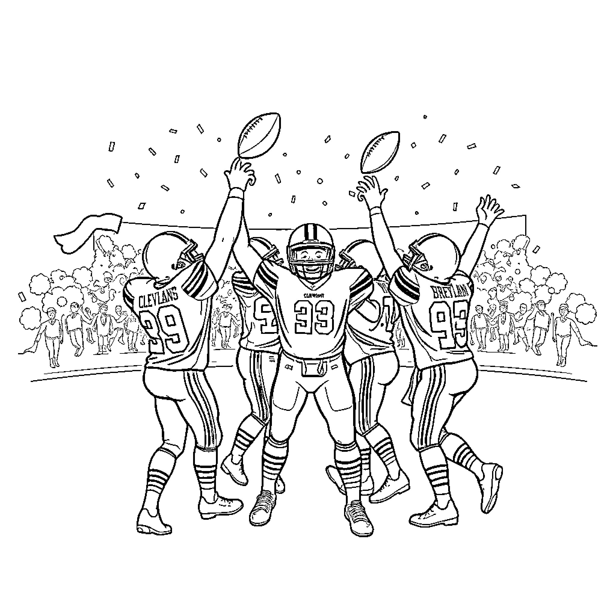 Cleveland Browns players celebrating victory on the field Coloring Page (free black-and-white line drawing printable PDF for all, from beginners to advanced learners, including children, teens, adults, and seniors)