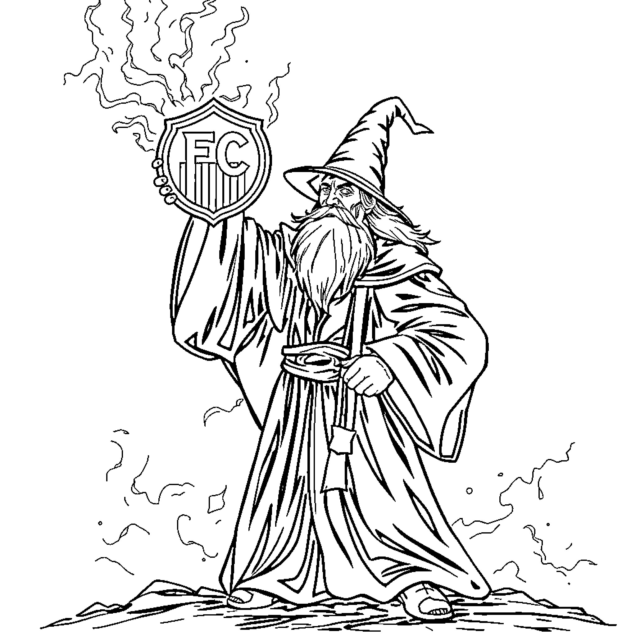 Wizard wielding a shield with an emblem Coloring Page (free black-and-white line drawing printable PDF for all, from beginners to advanced learners, including children, teens, adults, and seniors)