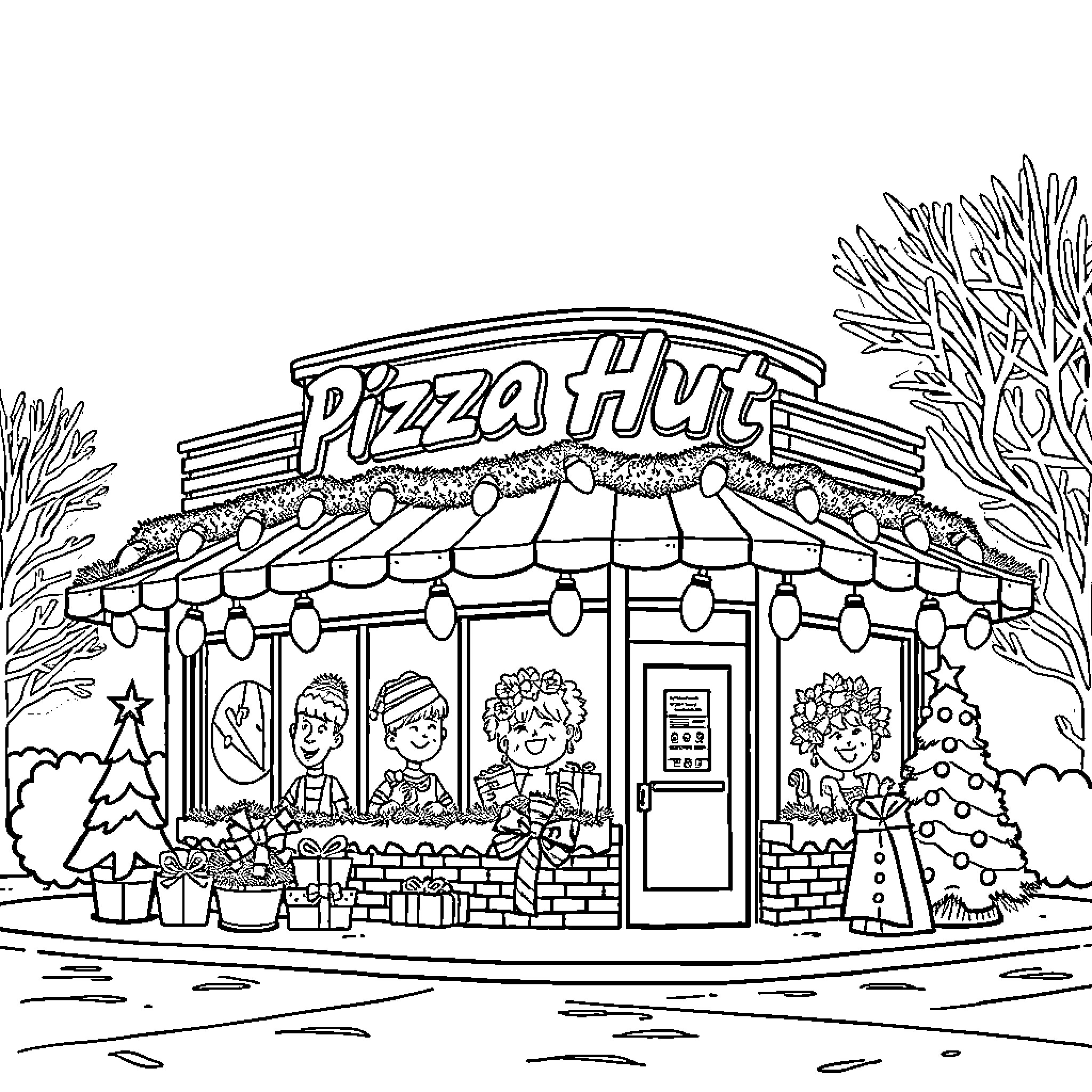 Pizza Hut restaurant with festive holiday decorations Coloring Page (free black-and-white line drawing printable PDF for all, from beginners to advanced learners, including children, teens, adults, and seniors)