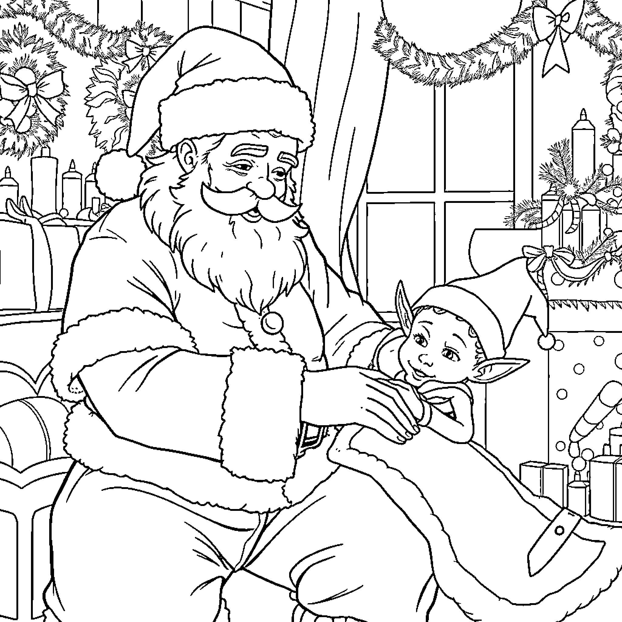 Santa Claus interacting with a young child in a festive setting Coloring Page (free black-and-white line drawing printable PDF for all, from beginners to advanced learners, including children, teens, adults, and seniors)