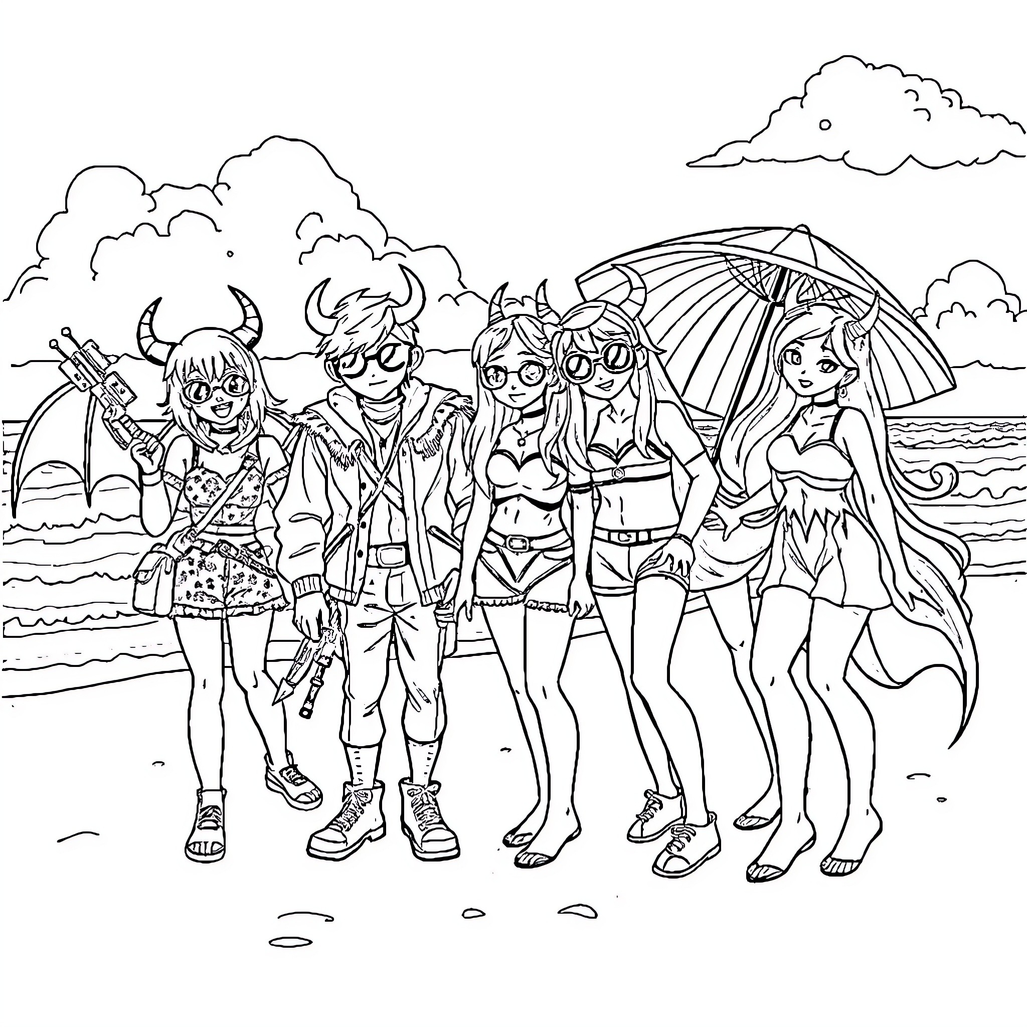 Kpop group on a fun beach trip Coloring Page (free black-and-white line drawing printable PDF for all, from beginners to advanced learners, including children, teens, adults, and seniors)