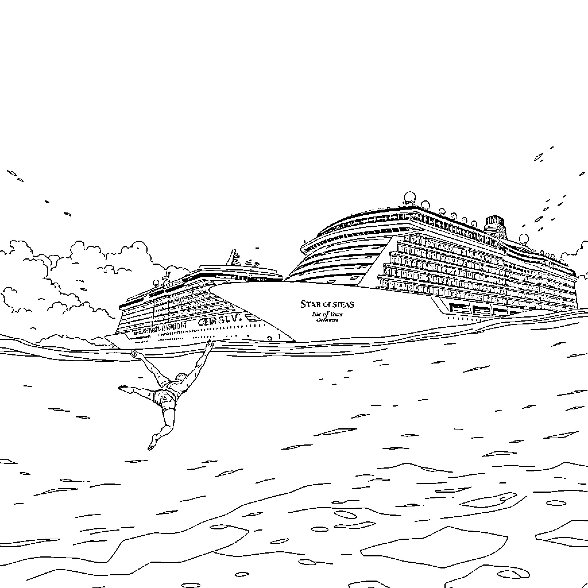 Swimmer exploring vast cruise ships in the open sea Coloring Page (free black-and-white line drawing printable PDF for all, from beginners to advanced learners, including children, teens, adults, and seniors)