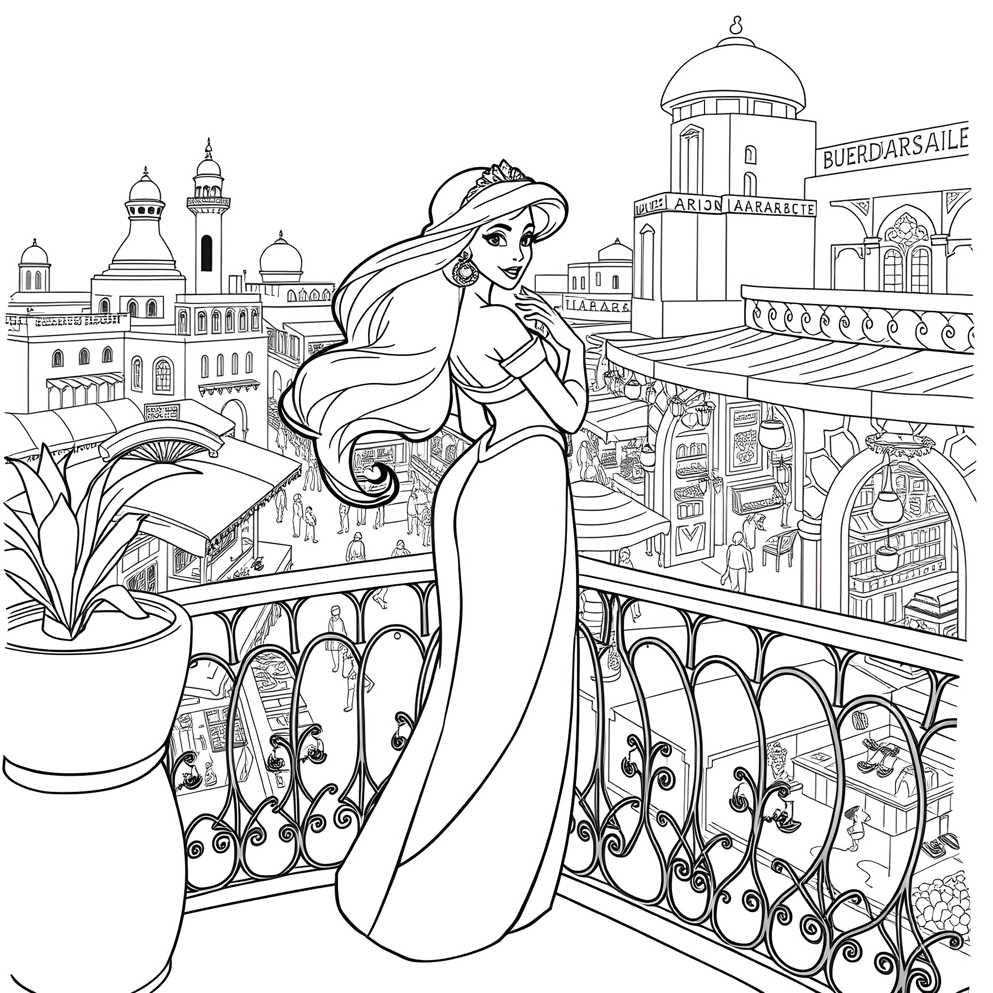 Jasmine exploring the bustling marketplace Coloring Page (free black-and-white line drawing printable PDF for all, from beginners to advanced learners, including children, teens, adults, and seniors)