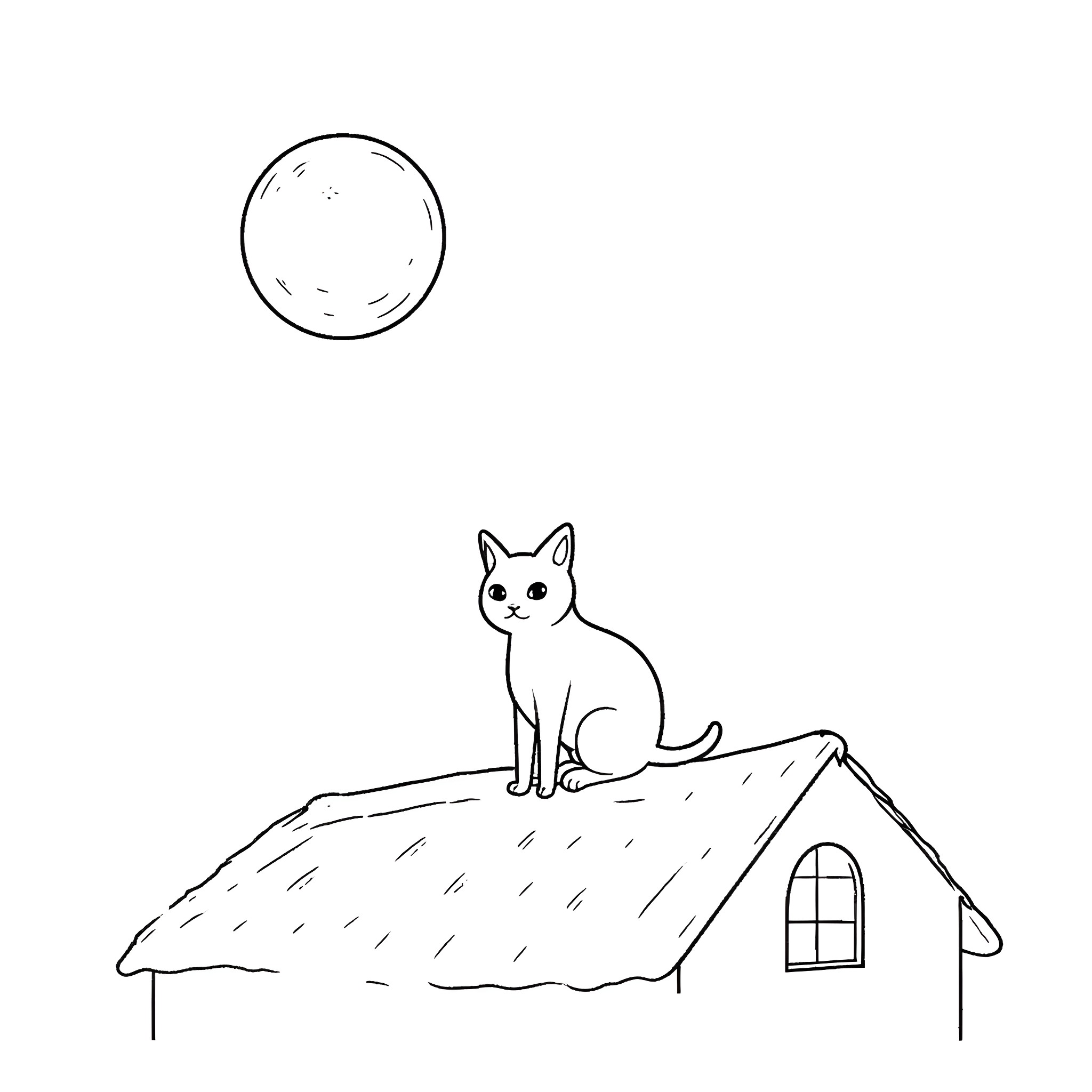 Cat on a Moonlit Rooftop Coloring Page (free black-and-white line drawing printable PDF for all, from beginners to advanced learners, including children, teens, adults, and seniors)