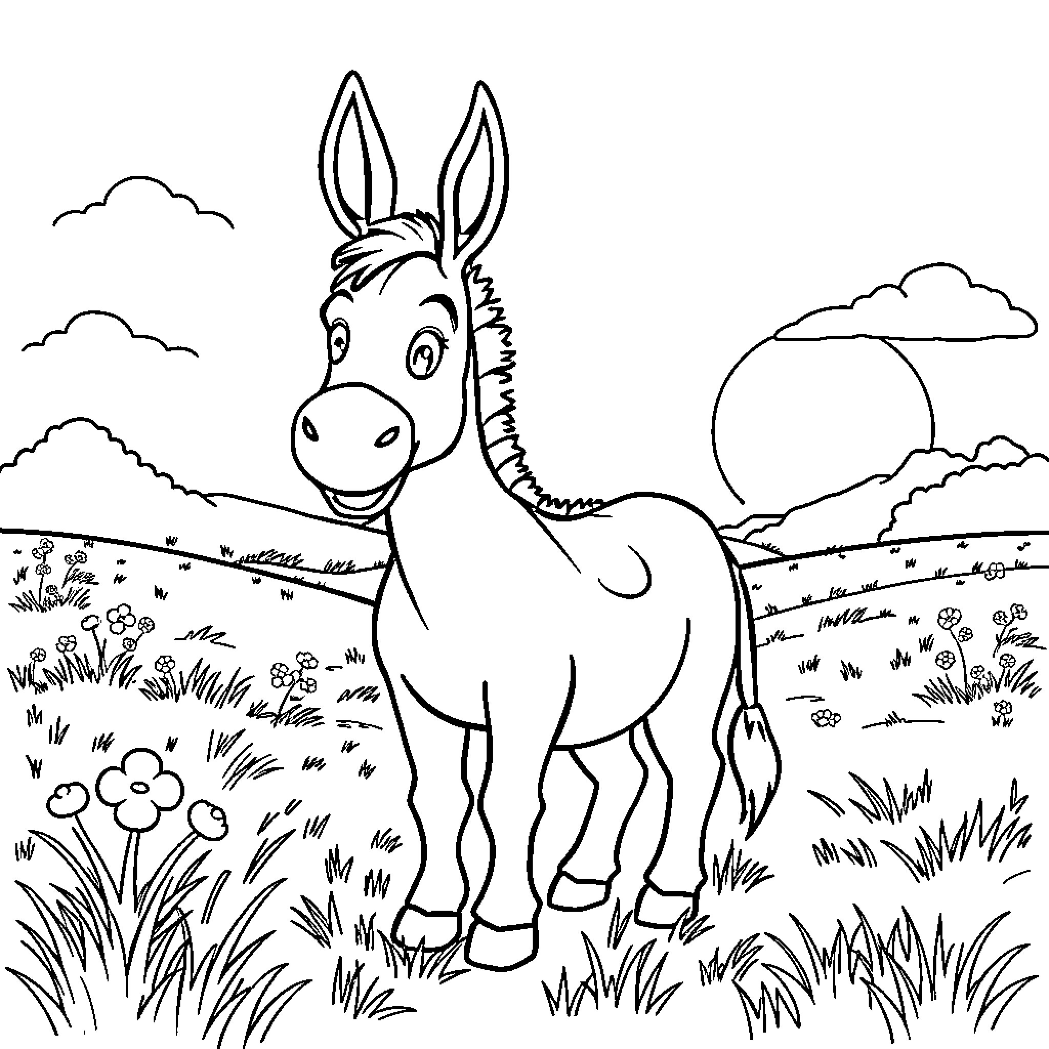 Donkey standing joyfully in a field Coloring Page (free black-and-white line drawing printable PDF for all, from beginners to advanced learners, including children, teens, adults, and seniors)