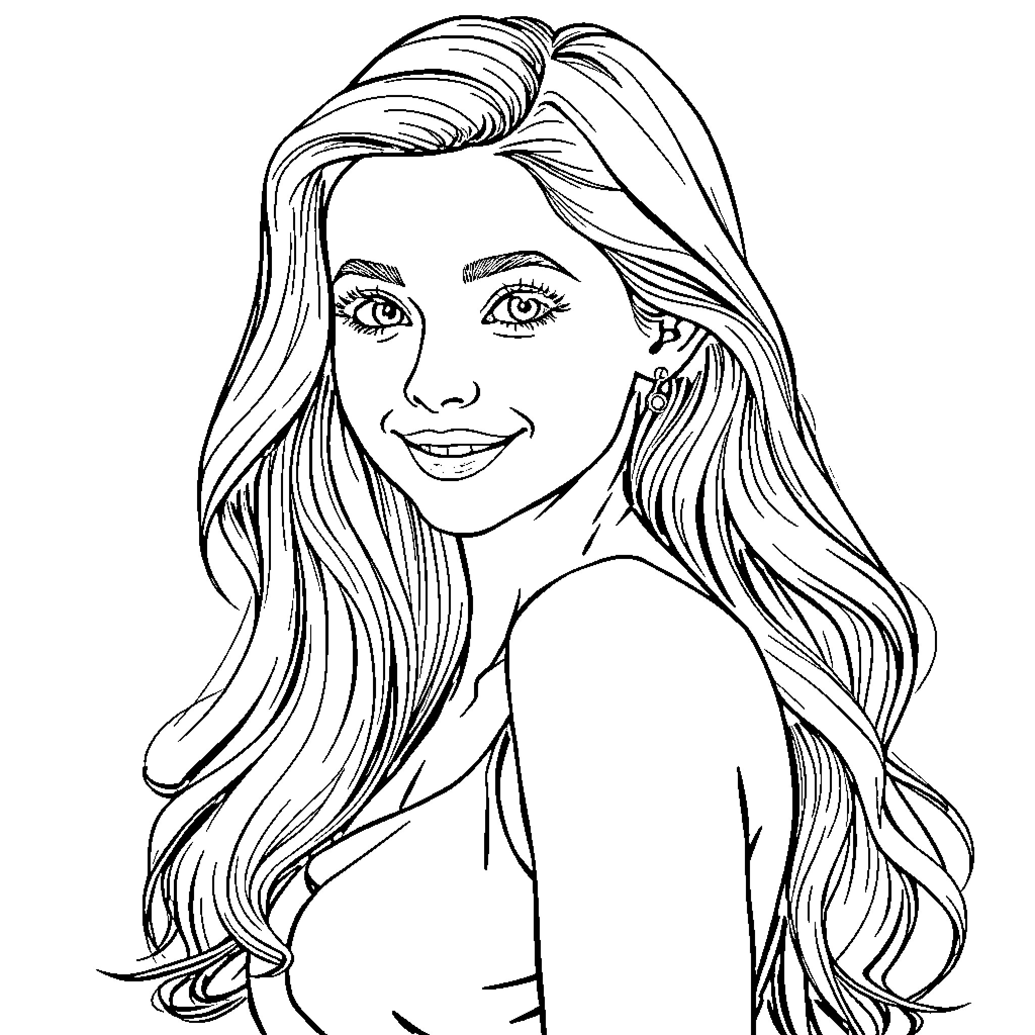 Sydney Sweeney smiling with wavy hair Coloring Page (free black-and-white line drawing printable PDF for all, from beginners to advanced learners, including children, teens, adults, and seniors)