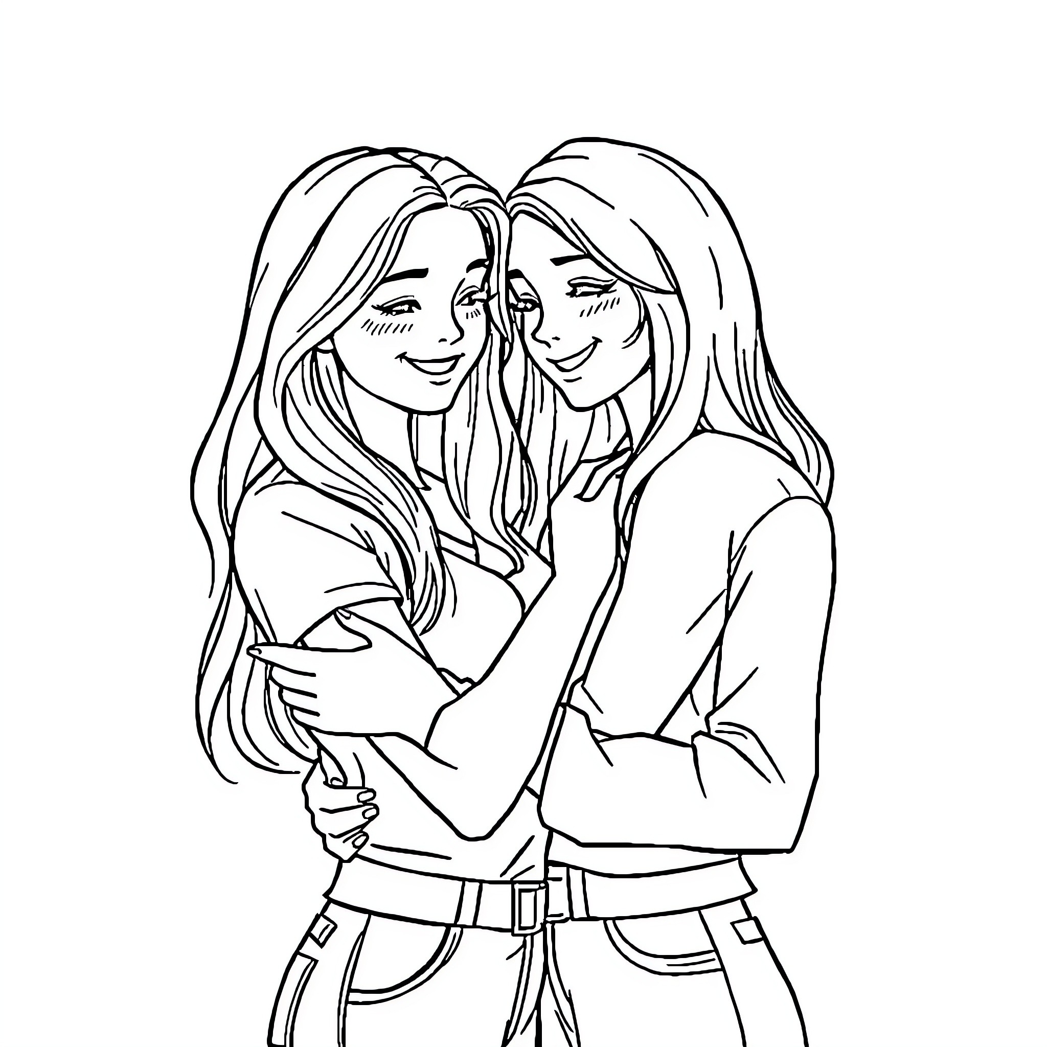 GF Embracing Joyfully in Casual Attire Coloring Page (free black-and-white line drawing printable PDF for all, from beginners to advanced learners, including children, teens, adults, and seniors)
