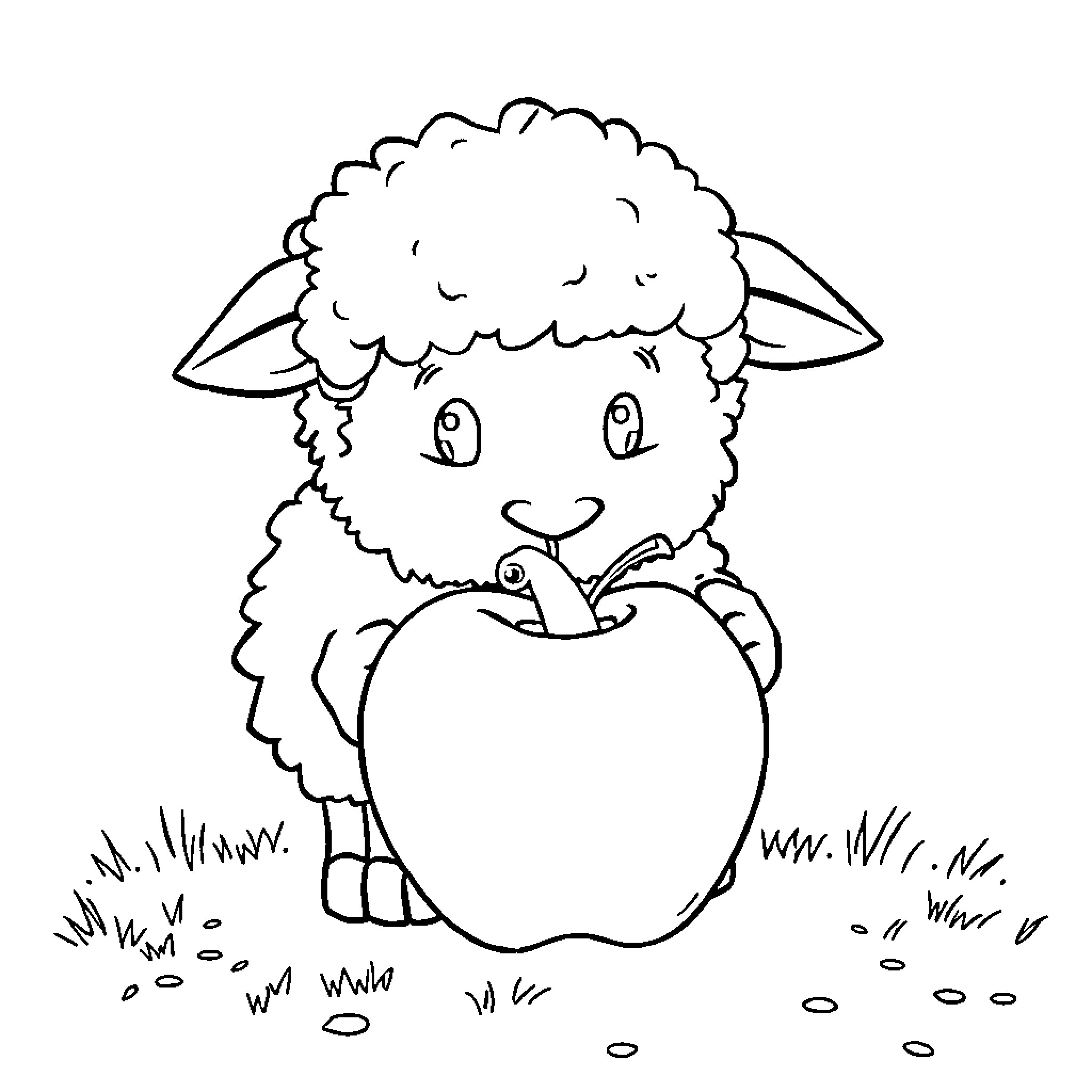 Sheep happily eating an apple in a grassy field Coloring Page (free black-and-white line drawing printable PDF for all, from beginners to advanced learners, including children, teens, adults, and seniors)