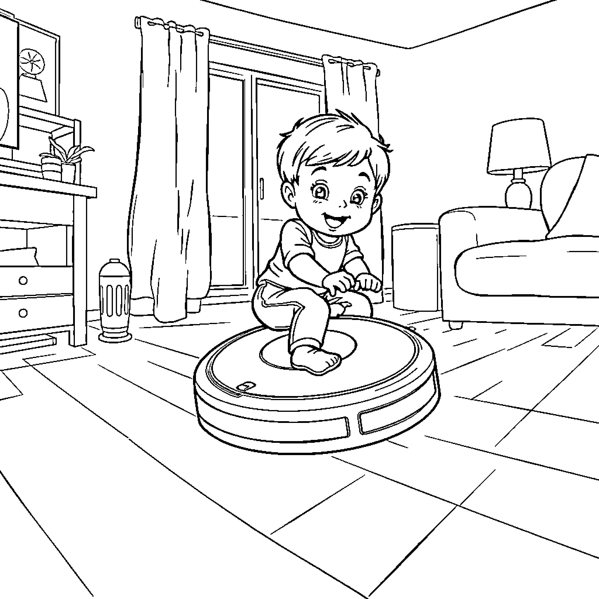 Boy playing with robot vacuum in living room Coloring Page (free black-and-white line drawing printable PDF for all, from beginners to advanced learners, including children, teens, adults, and seniors)