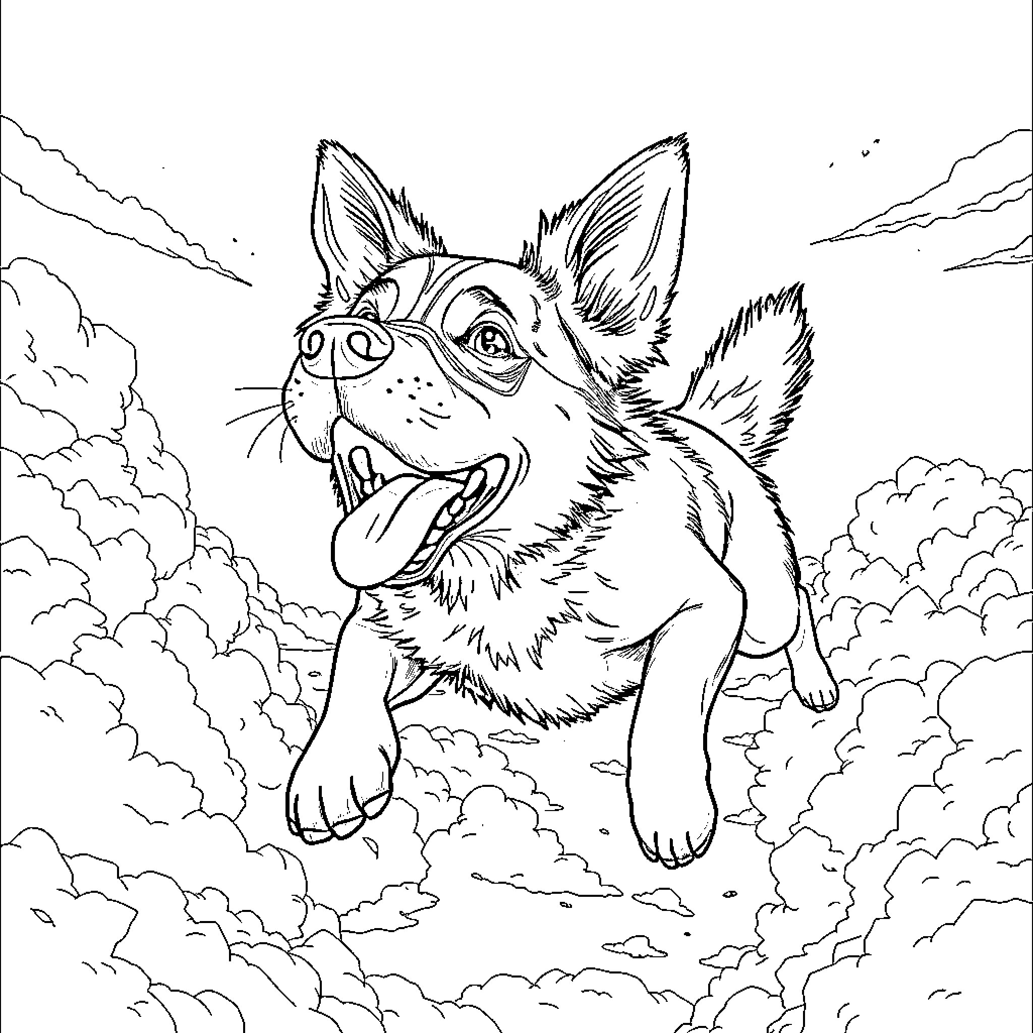 Dog Happily Frolicking Through Clouds Coloring Page (free black-and-white line drawing printable PDF for all, from beginners to advanced learners, including children, teens, adults, and seniors)