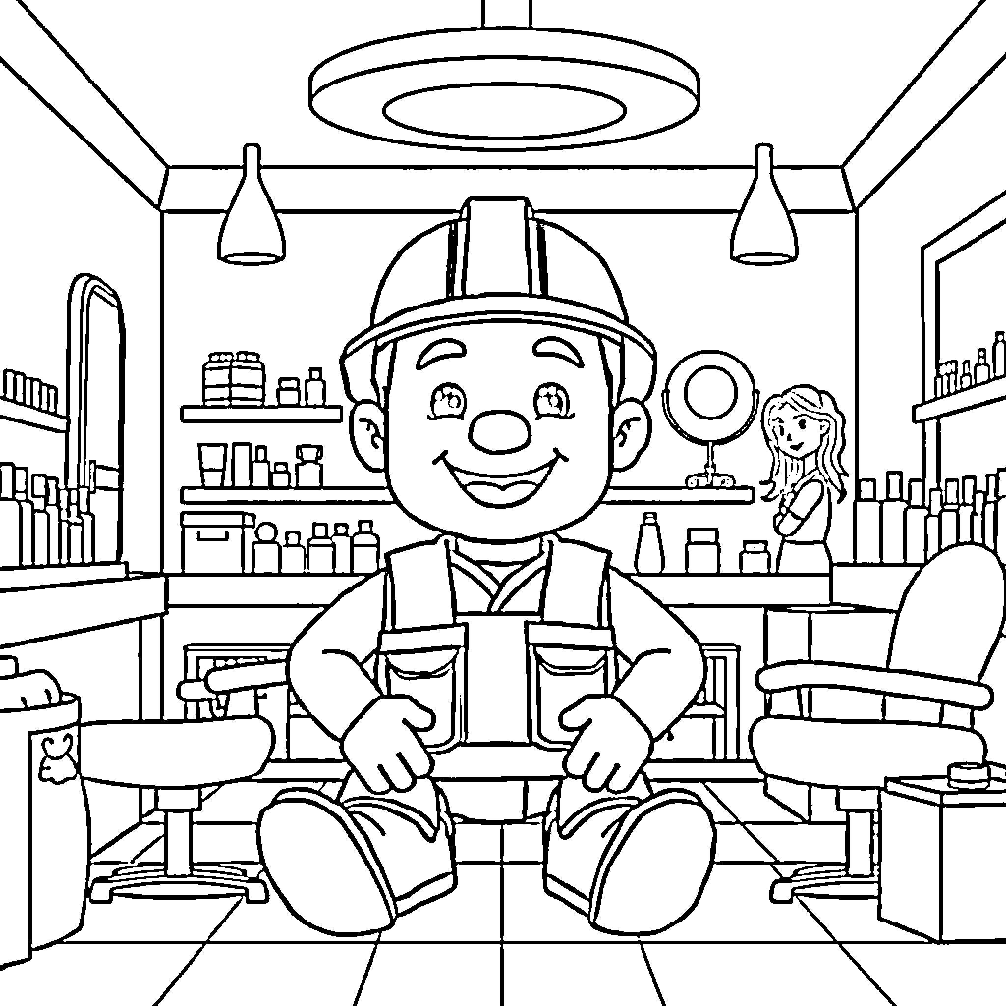 Bob the Builder working happily in his workshop Coloring Page (free black-and-white line drawing printable PDF for all, from beginners to advanced learners, including children, teens, adults, and seniors)