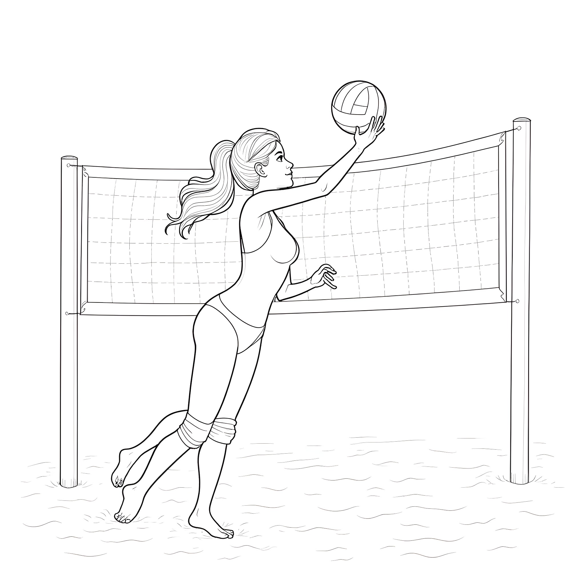 Girl playing volleyball on the beach Coloring Page (free black-and-white line drawing printable PDF for all, from beginners to advanced learners, including children, teens, adults, and seniors)