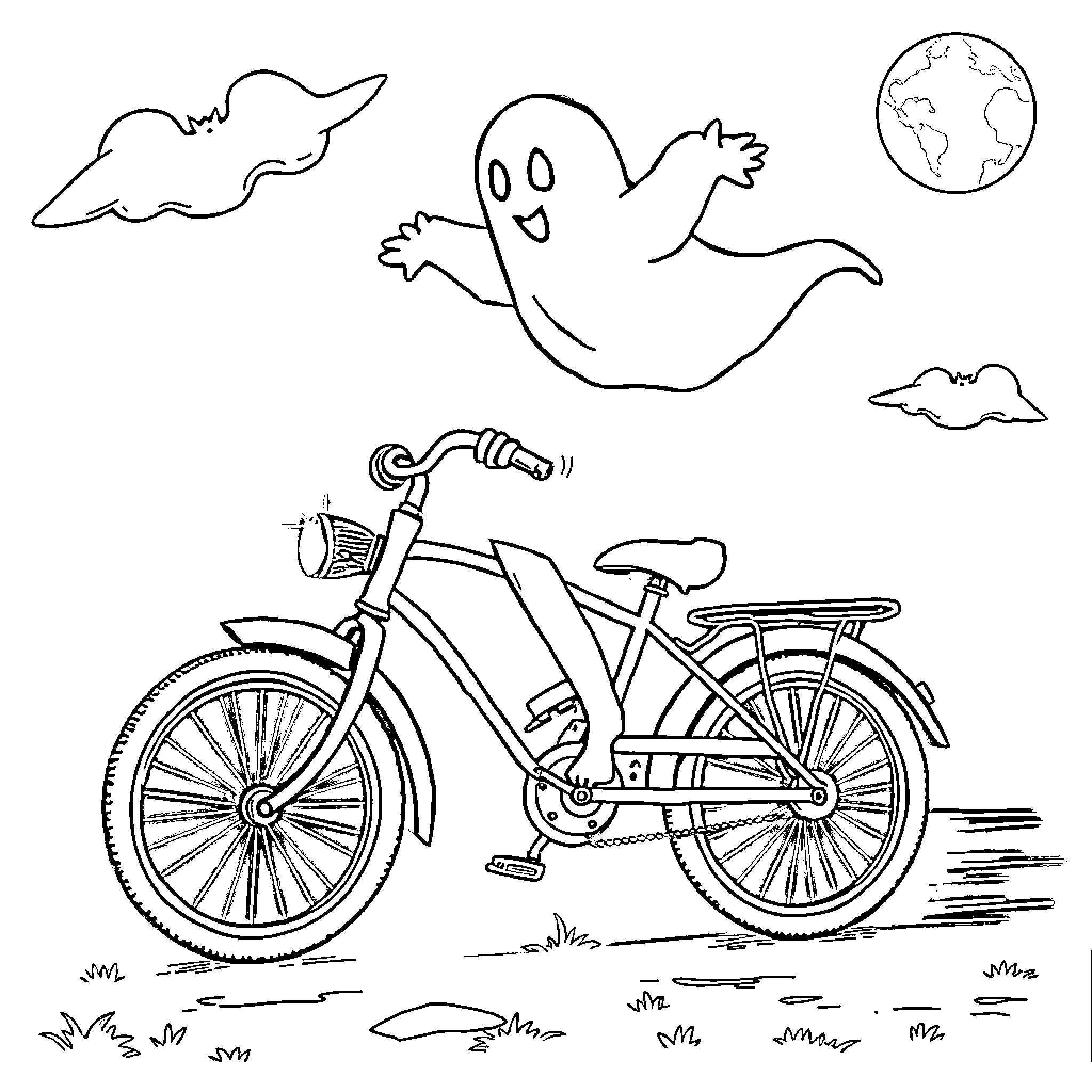 Ghost riding a bicycle through a spooky landscape Coloring Page (free black-and-white line drawing printable PDF for all, from beginners to advanced learners, including children, teens, adults, and seniors)