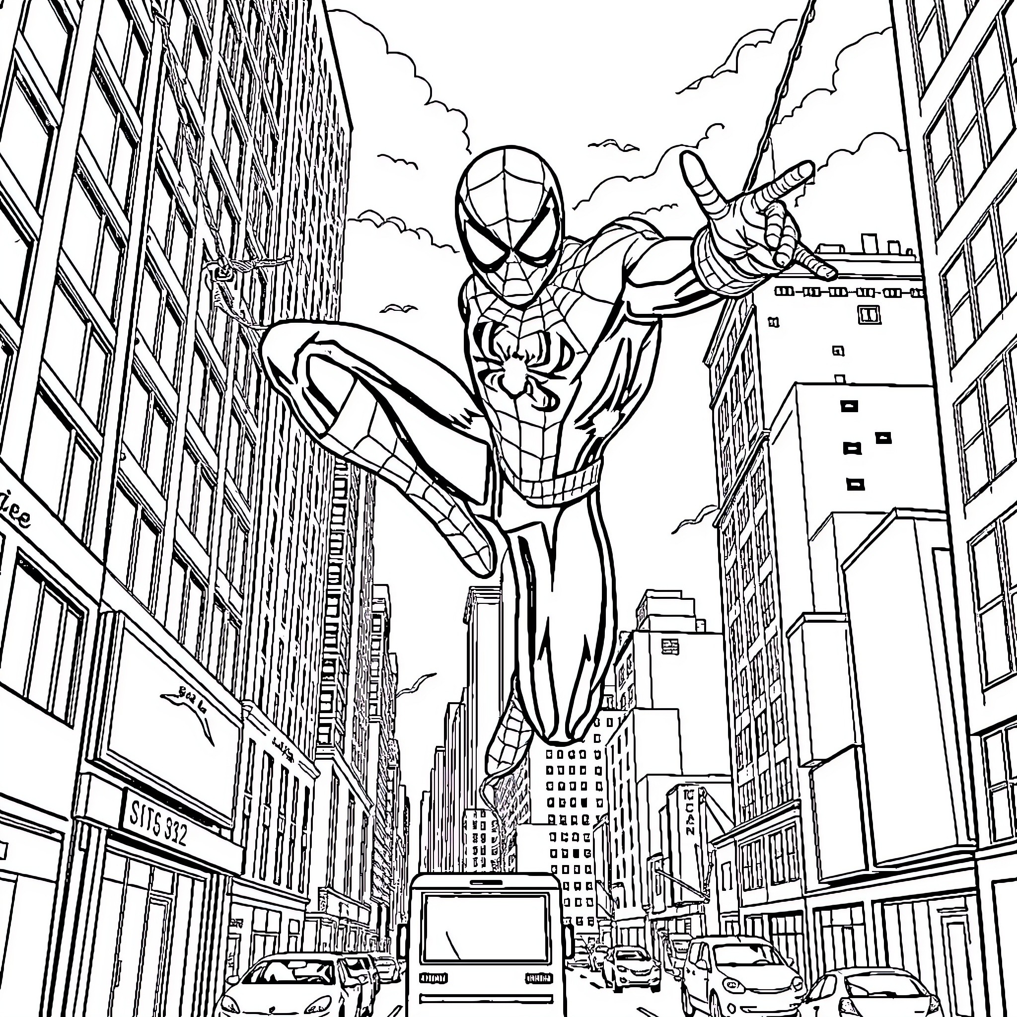 Spider-Man swinging through the city skyline Coloring Page (free black-and-white line drawing printable PDF for all, from beginners to advanced learners, including children, teens, adults, and seniors)
