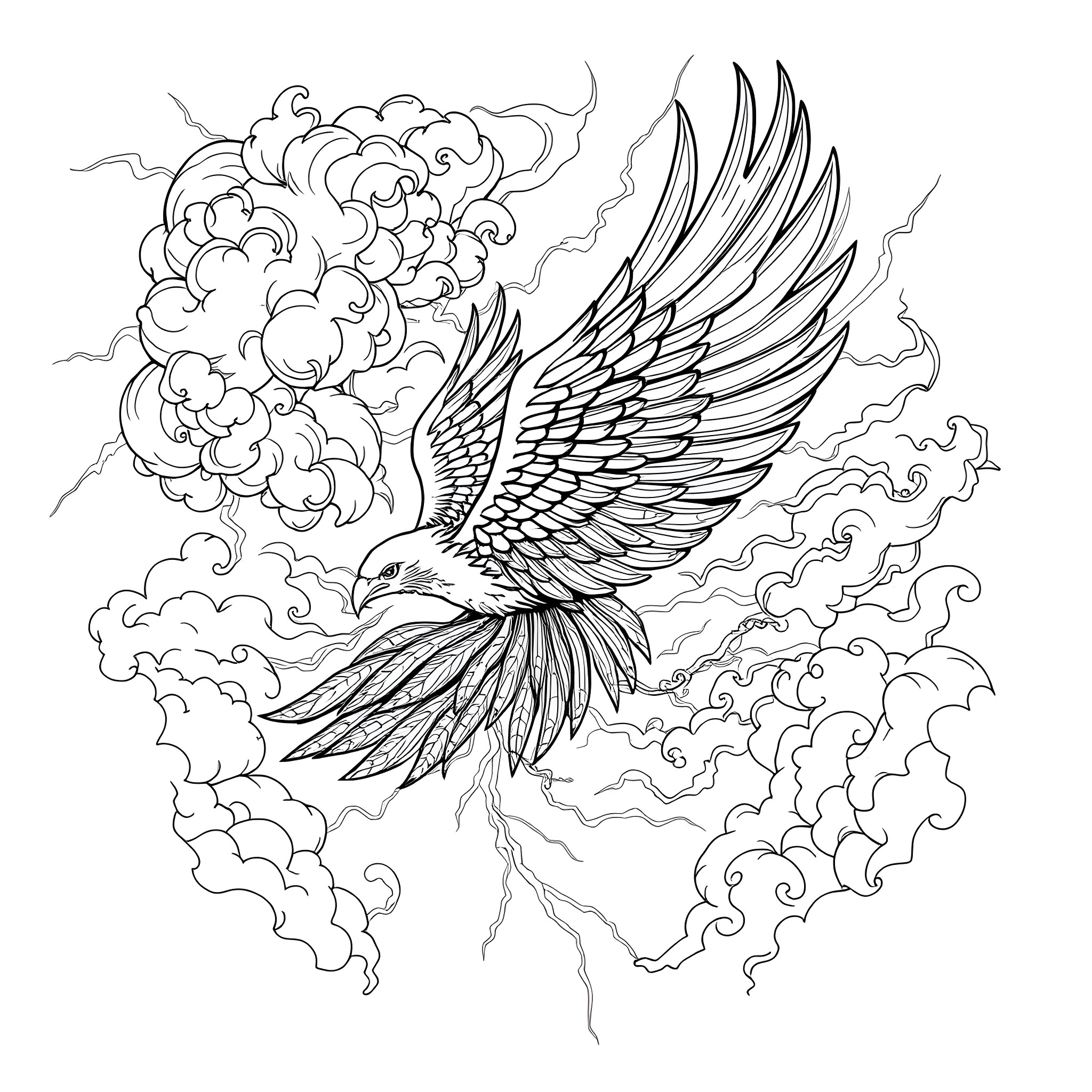 Thunderbird taking flight amidst swirling clouds Coloring Page (free black-and-white line drawing printable PDF for all, from beginners to advanced learners, including children, teens, adults, and seniors)