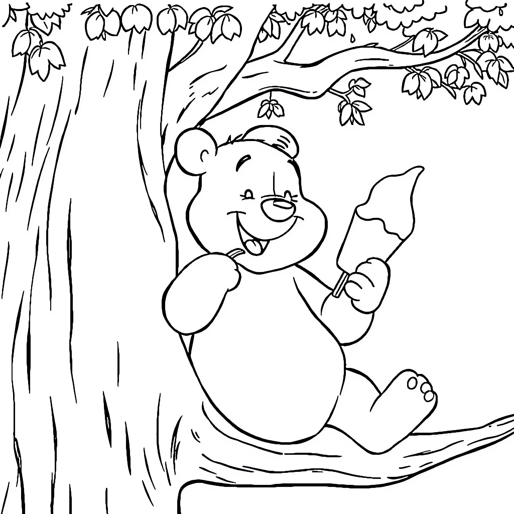 Winnie the bear enjoys autumn leaves Coloring Page (free black-and-white line drawing printable PDF for all, from beginners to advanced learners, including children, teens, adults, and seniors)