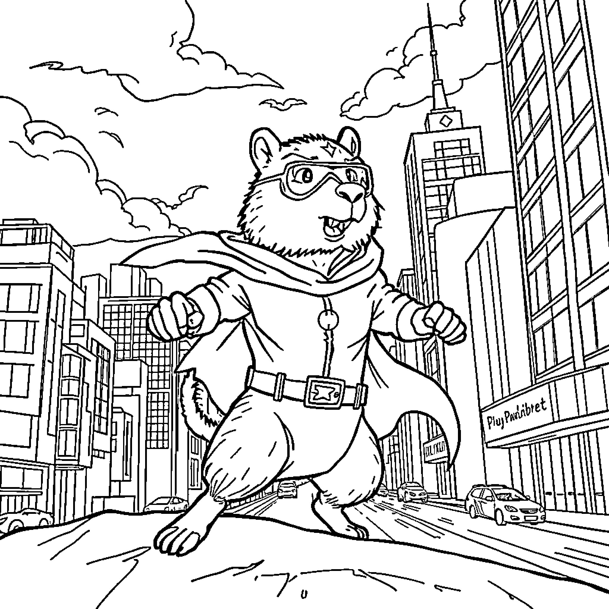 Capybara superhero saves the city Coloring Page (free black-and-white line drawing printable PDF for all, from beginners to advanced learners, including children, teens, adults, and seniors)