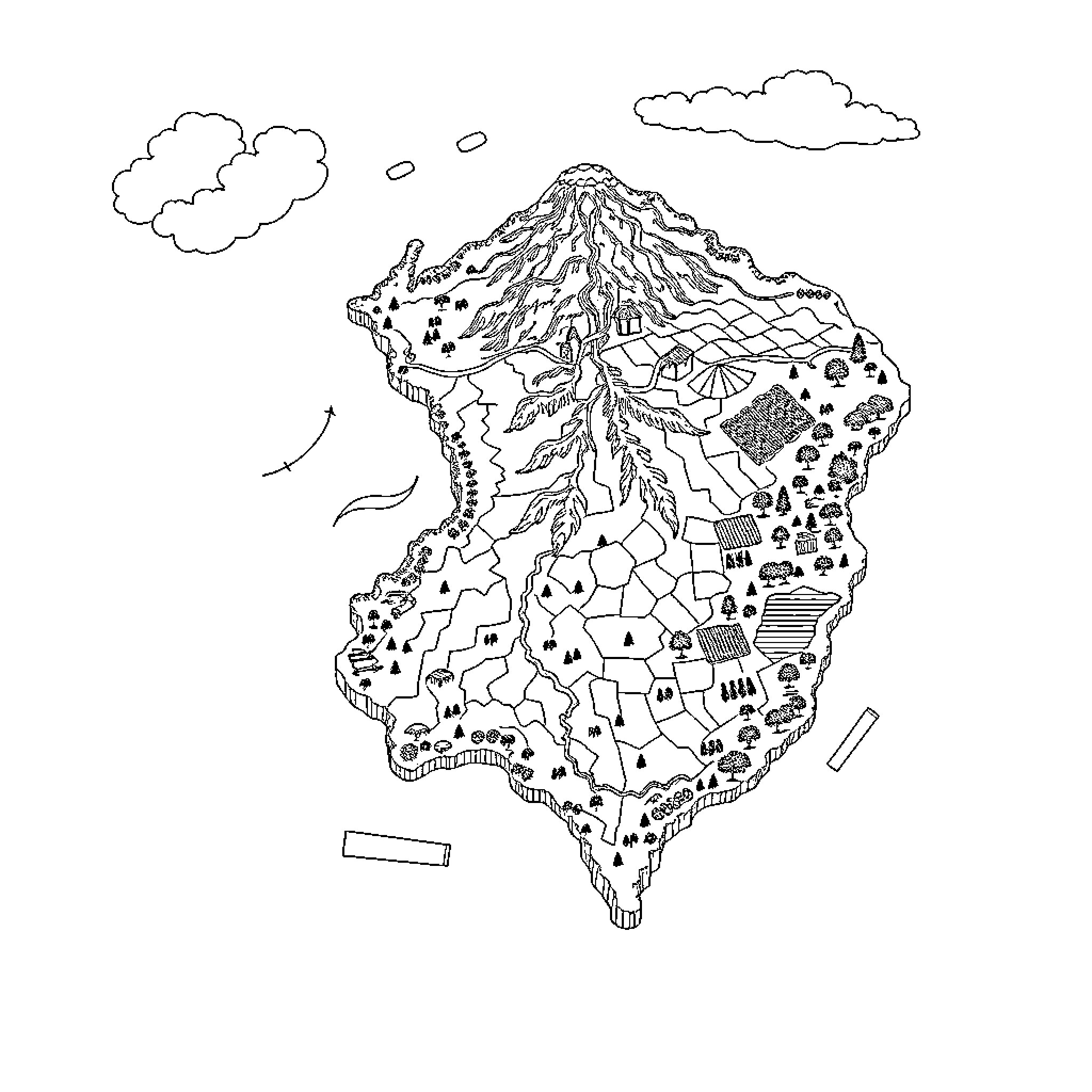 Map of a fantastical island landscape Coloring Page (free black-and-white line drawing printable PDF for all, from beginners to advanced learners, including children, teens, adults, and seniors)