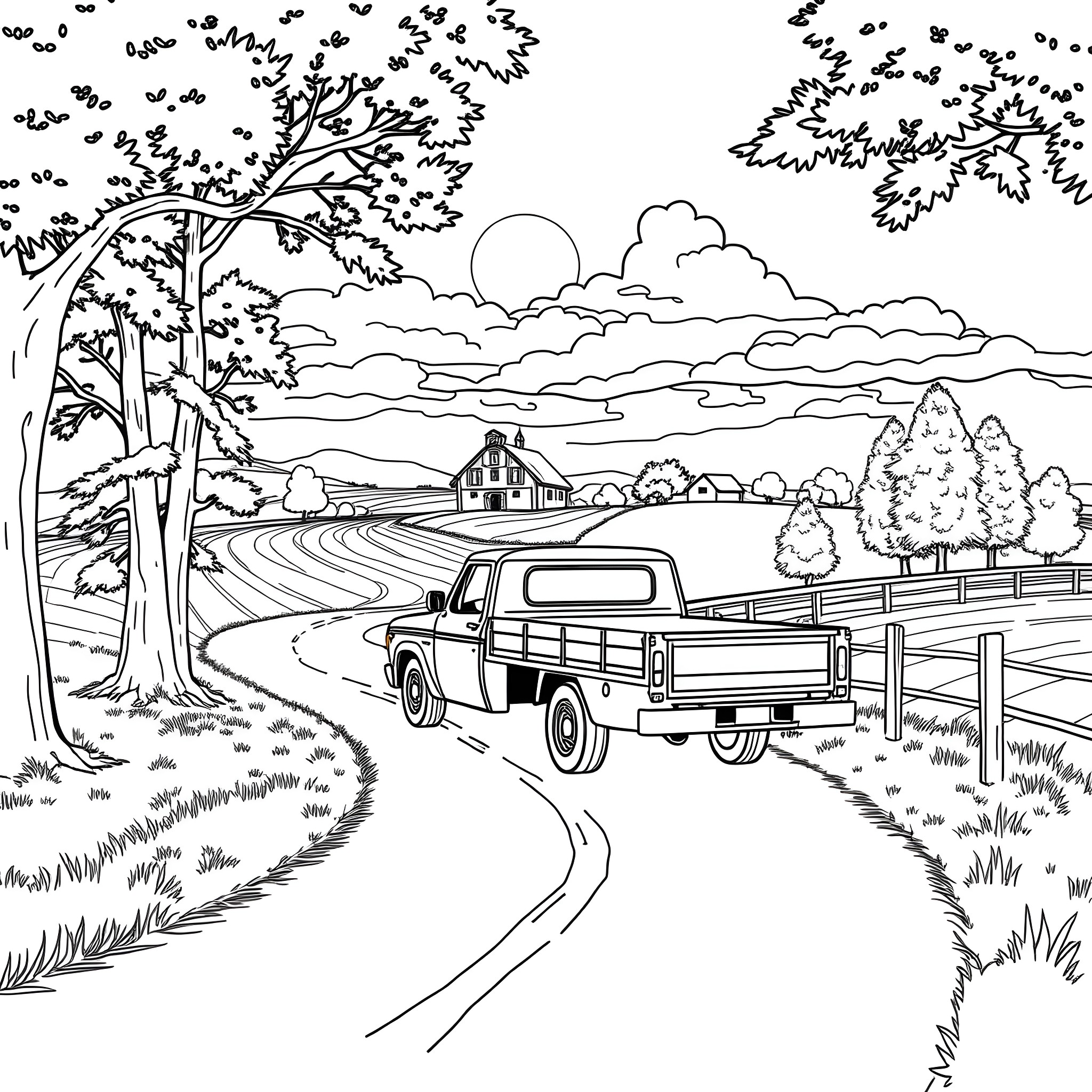Flatbed truck driving through rural countryside Coloring Page (free black-and-white line drawing printable PDF for all, from beginners to advanced learners, including children, teens, adults, and seniors)