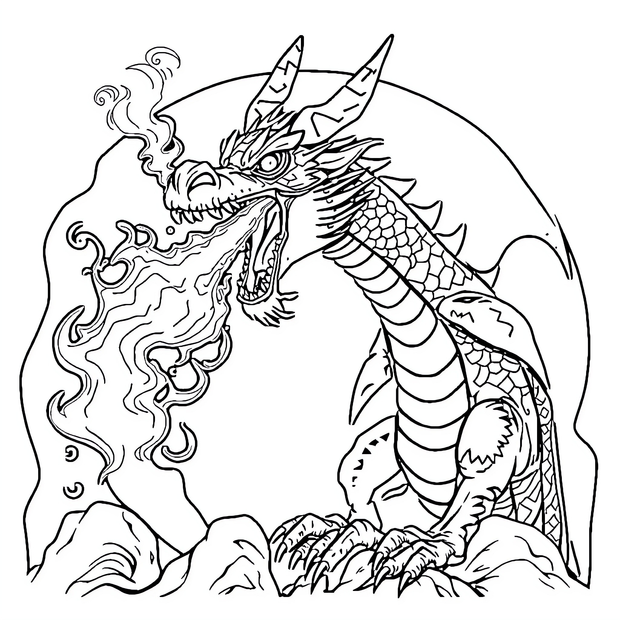 Dragon breathing fire in a rocky landscape Coloring Page (free black-and-white line drawing printable PDF for all, from beginners to advanced learners, including children, teens, adults, and seniors)