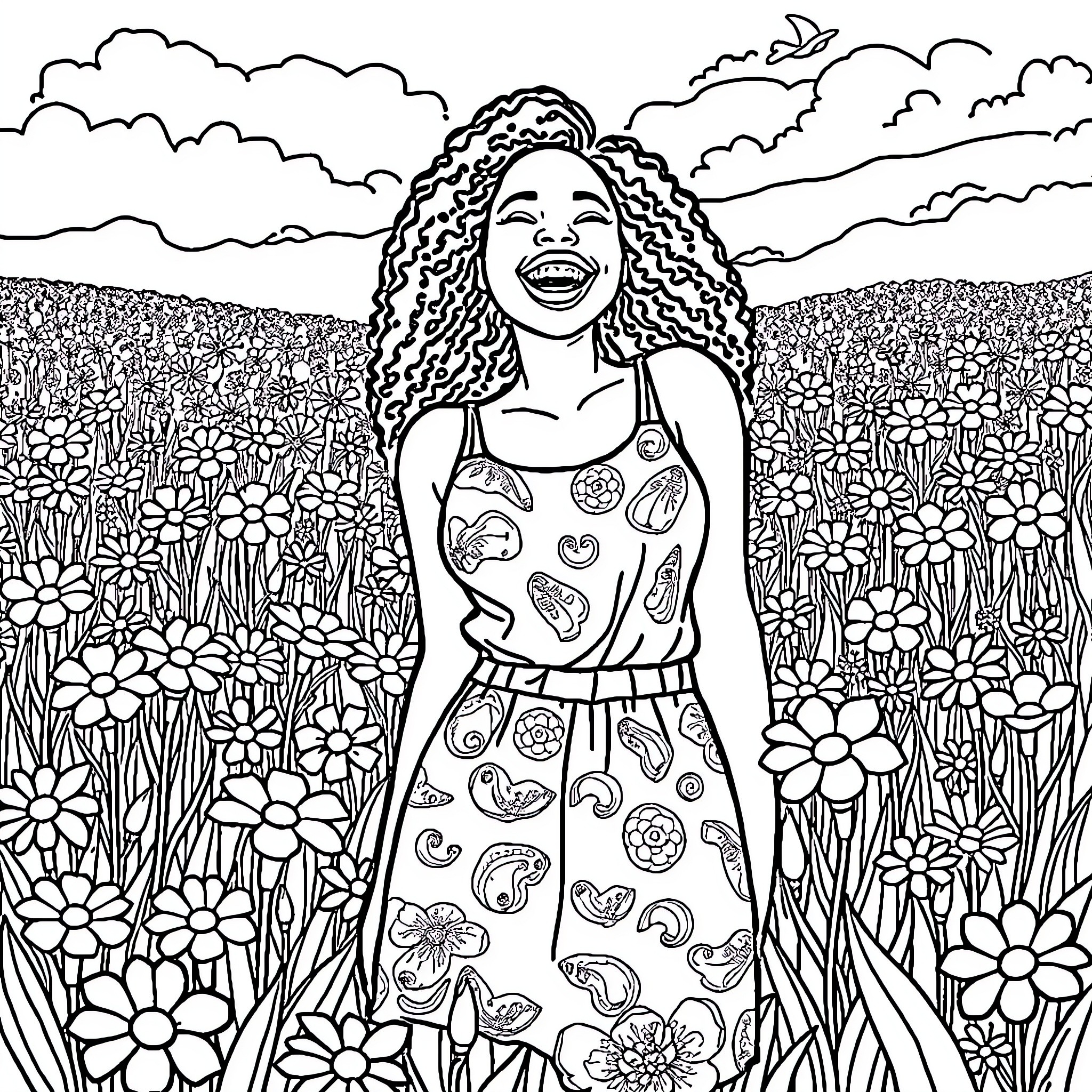 Woman walking joyfully through a flower field Coloring Page (free black-and-white line drawing printable PDF for all, from beginners to advanced learners, including children, teens, adults, and seniors)