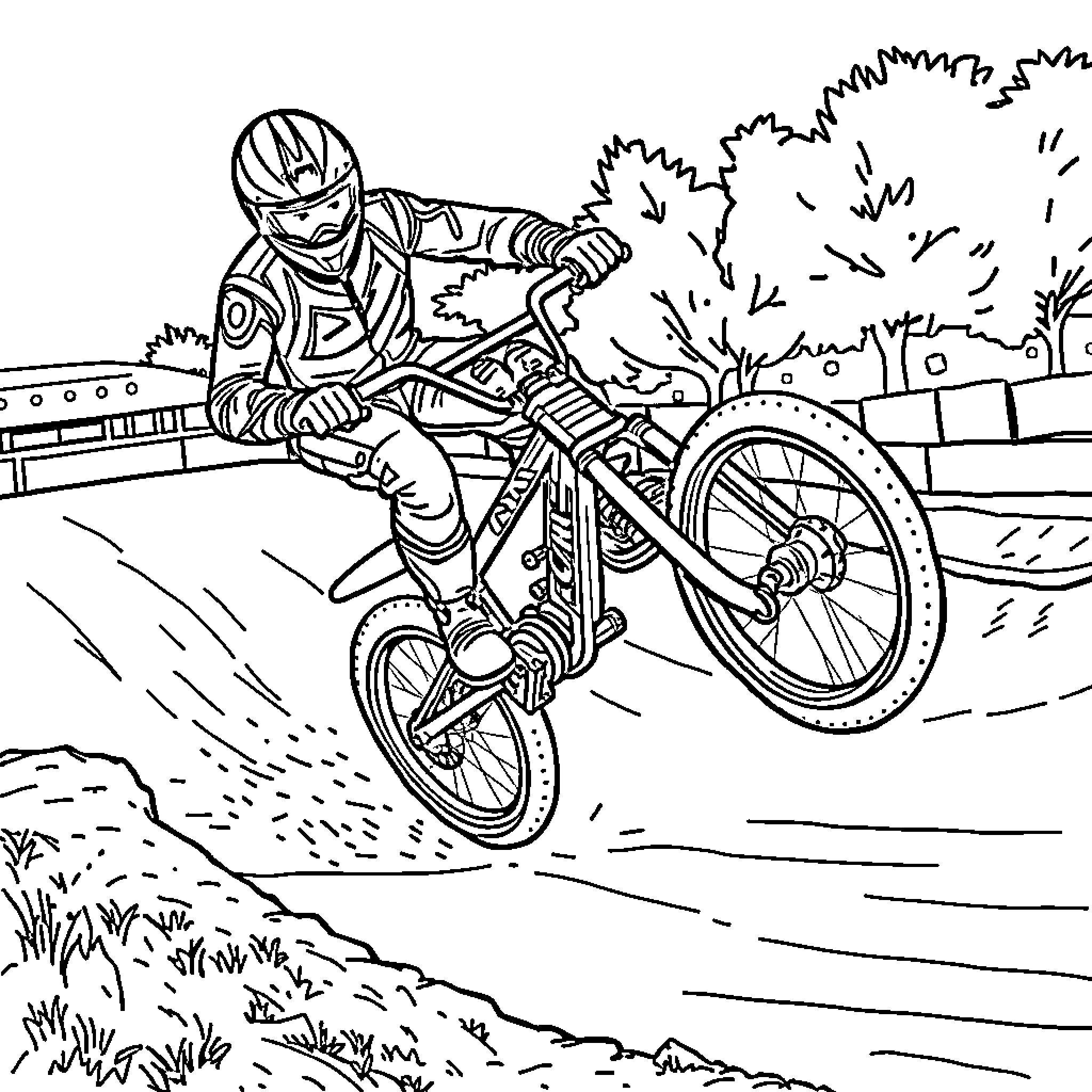 BMX Racer Riding on Dirt Track with Speed Coloring Page (free black-and-white line drawing printable PDF for all, from beginners to advanced learners, including children, teens, adults, and seniors)